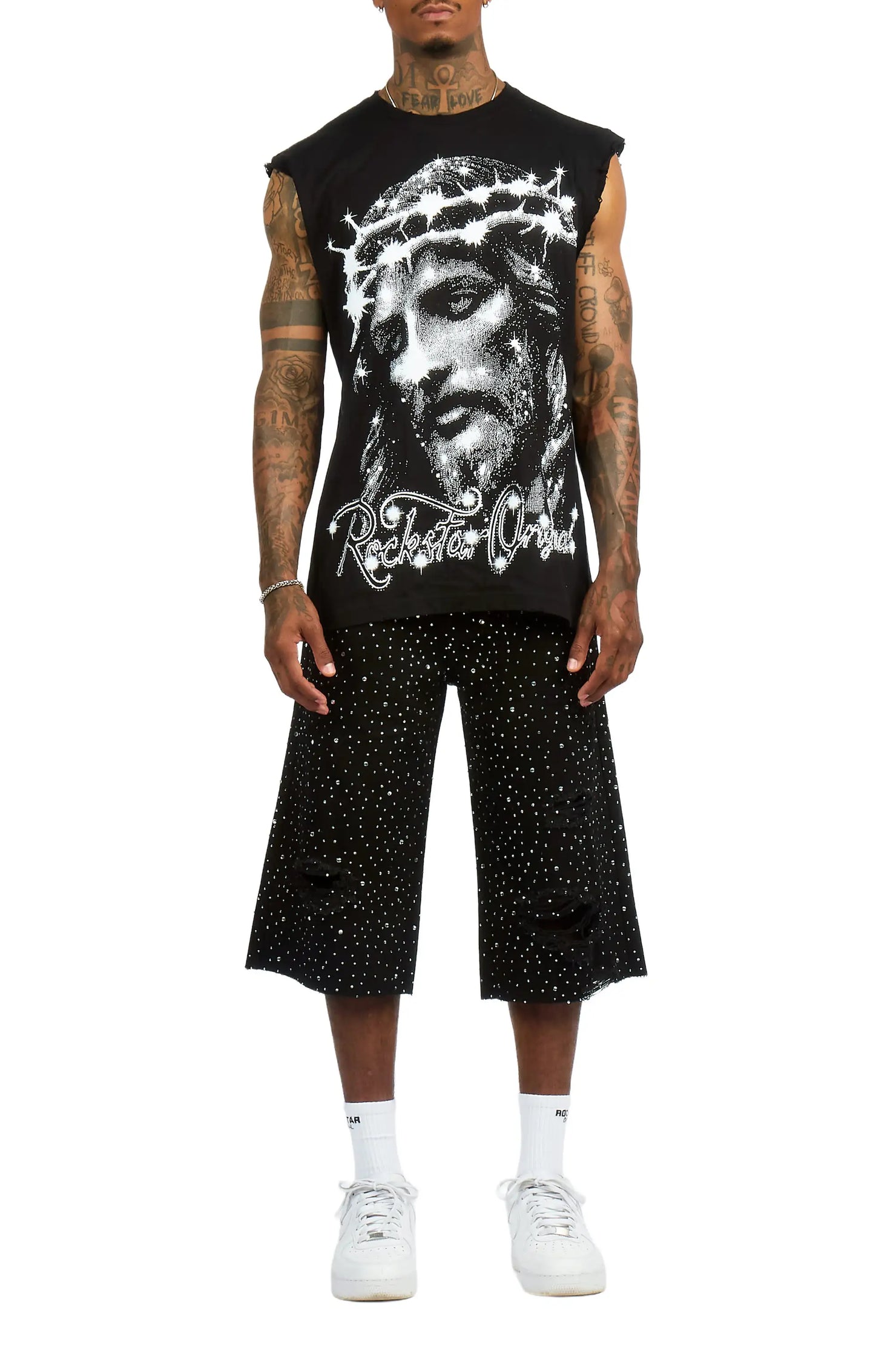 Zayir Black/Jet Black Oversized Graphic T-Shirt & Discolite Rhinestone Denim Jort Set