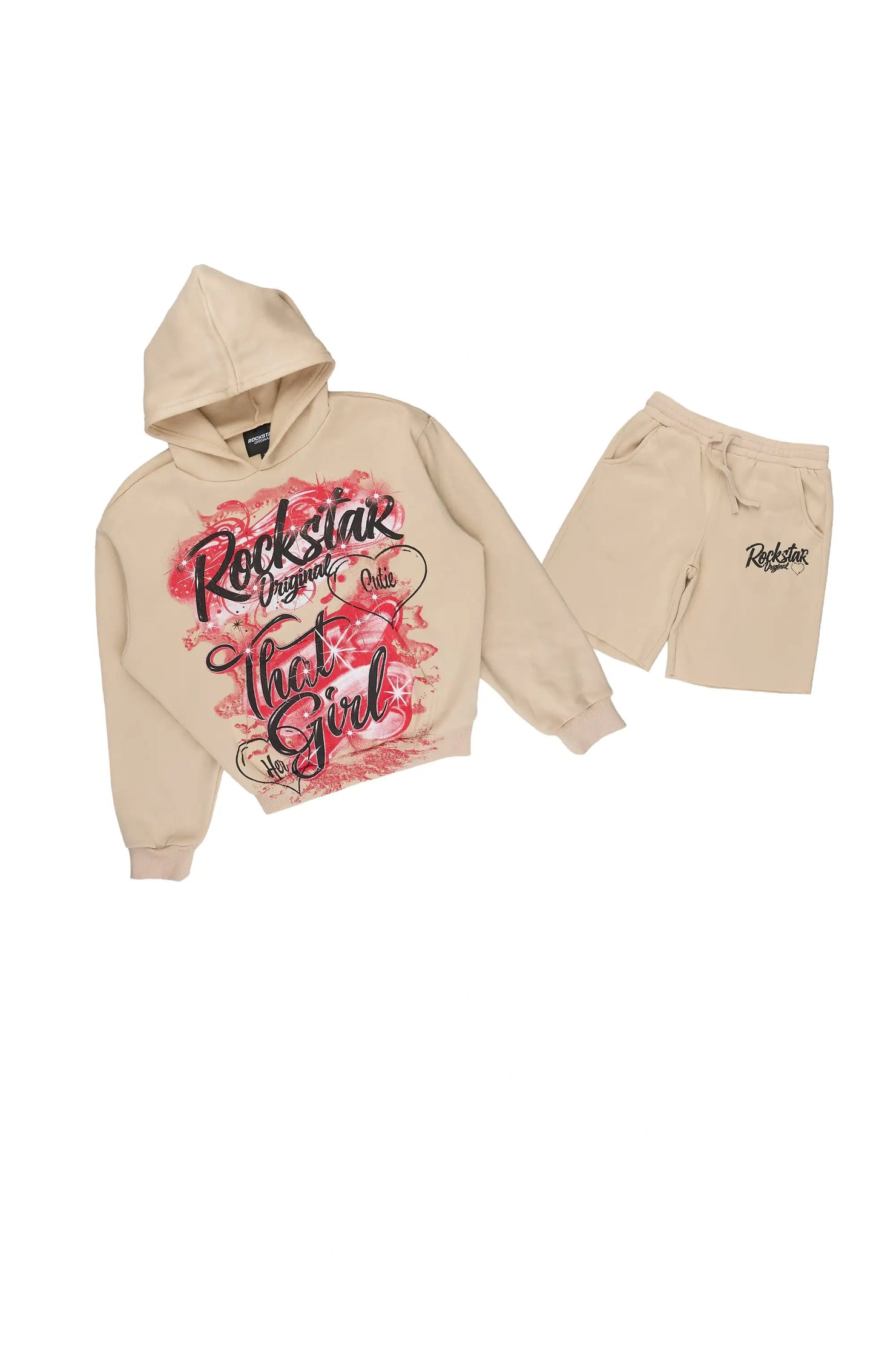 Girls Skye Beige/Burgundy Fleece Hoodie Short set