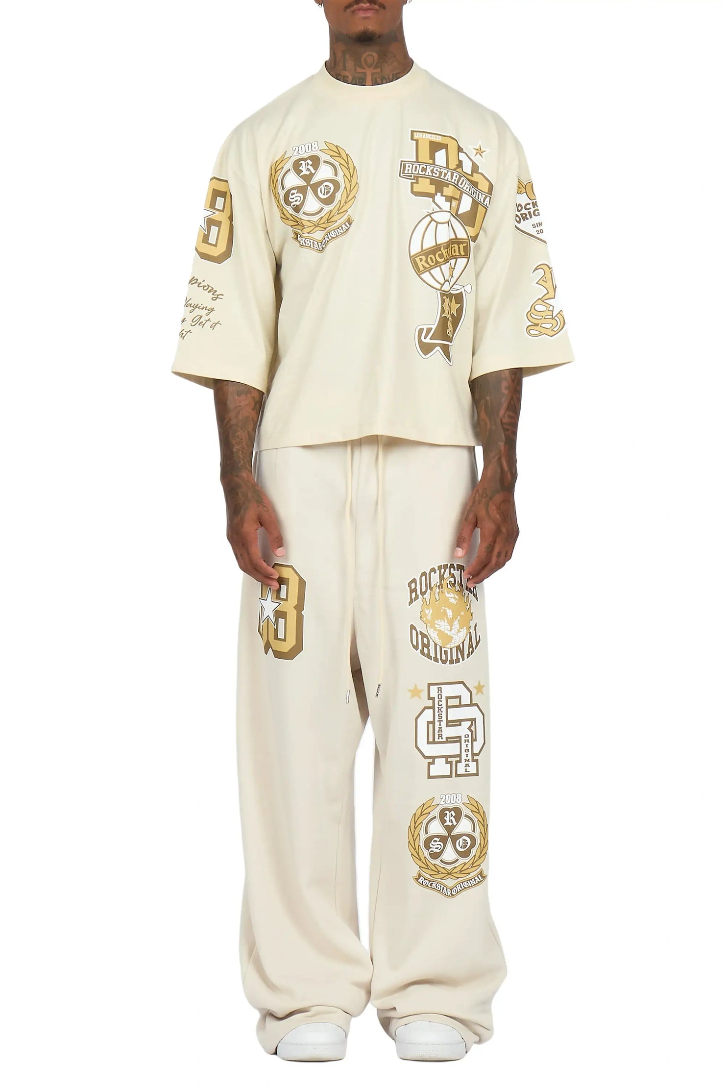 Gallant Beige 3/4 Crop Boxy Tee/ Fleece Baggy Pant Track Set