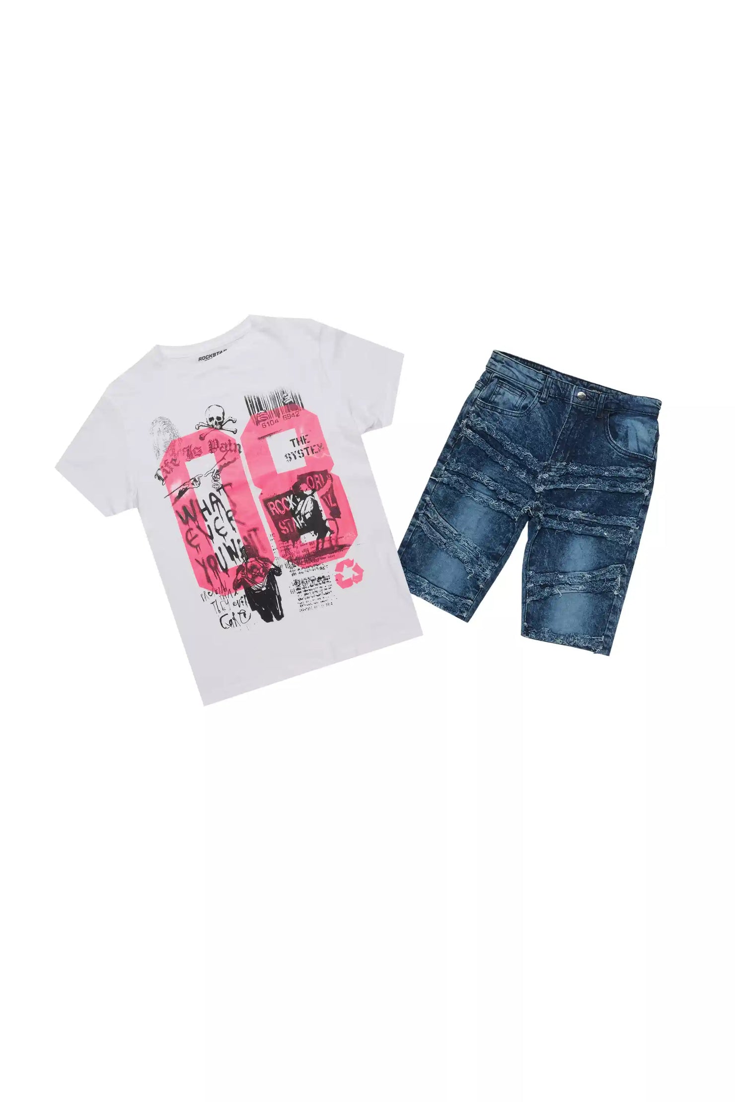 Girls Kammy White/Blue T-Shirt/Denim Short Set