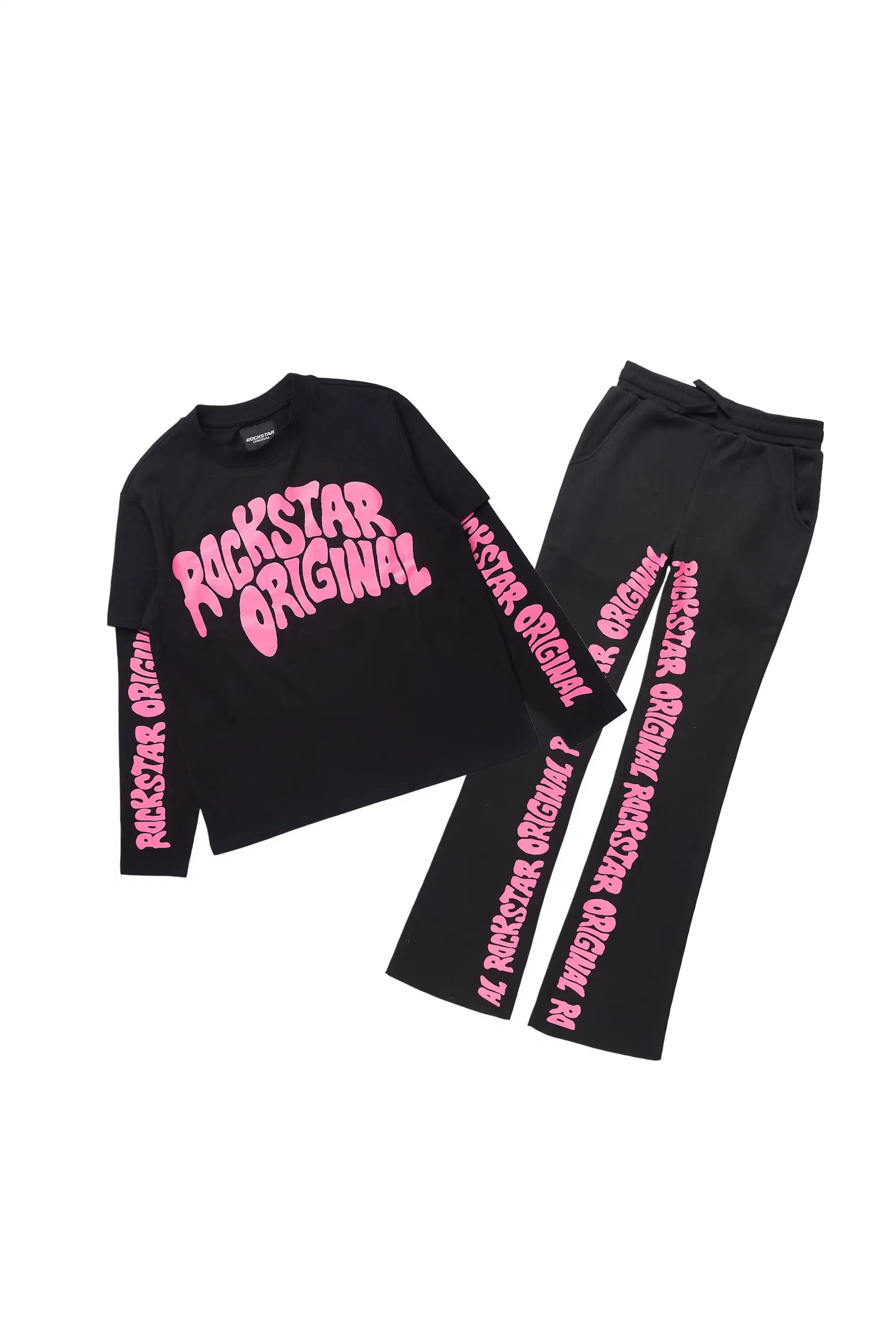 Girls Monique Black Double Layer T-Shirt Stacked Flare Track Pant Set