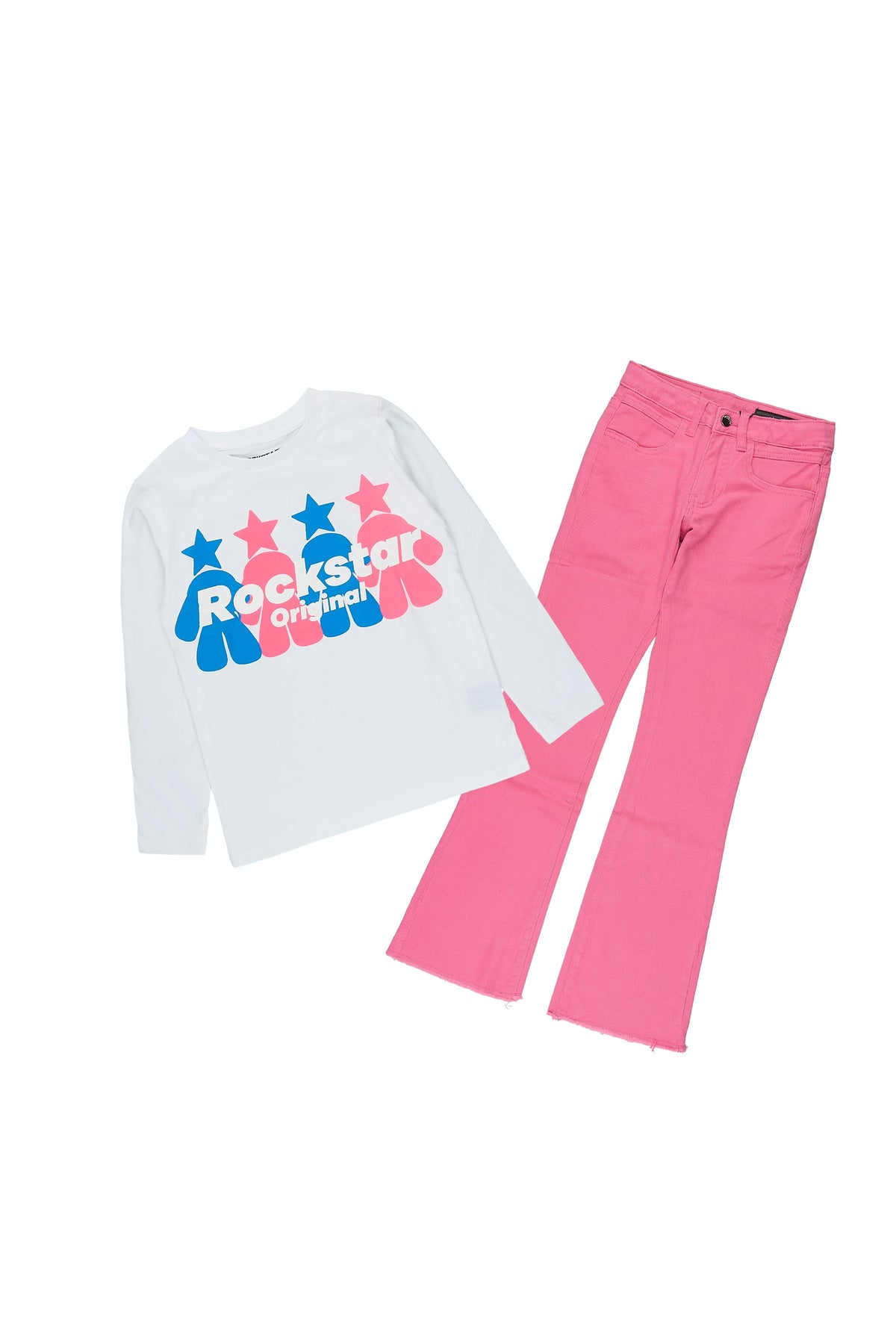 Girls Villana White/Pink Long Sleeve T-Shirt Stacked Jean Set