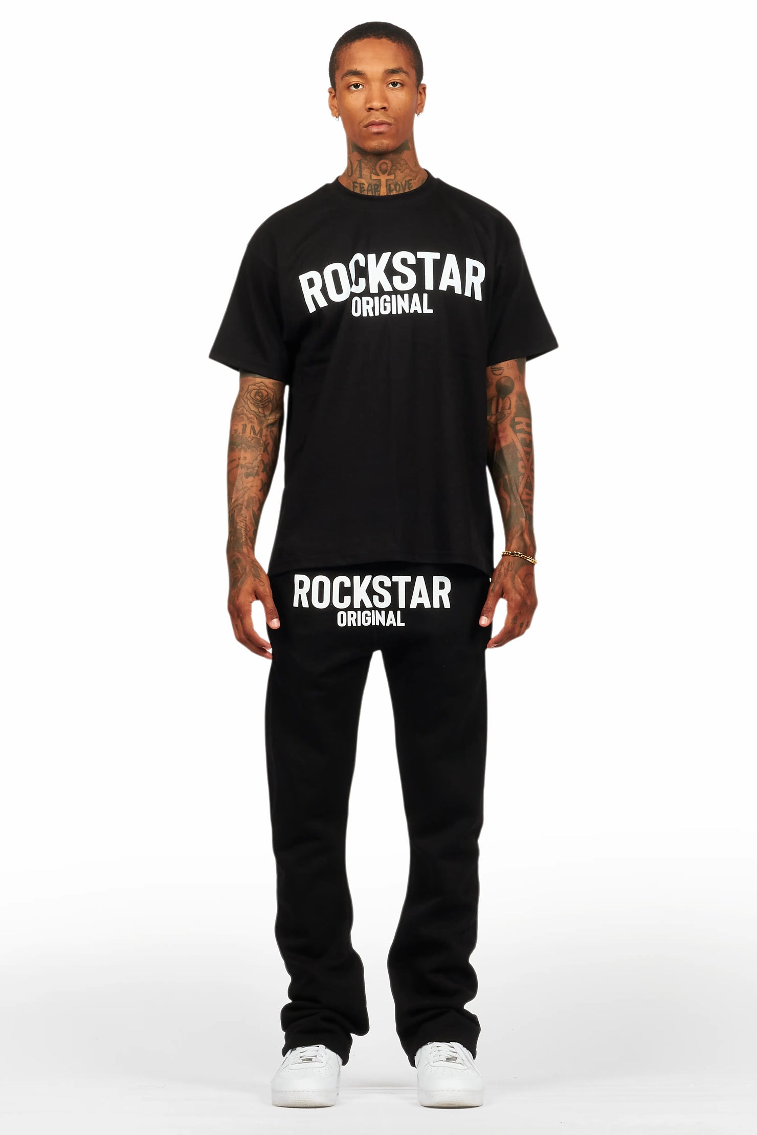 Sana Black T-Shirt/Stacked Track Pant Set