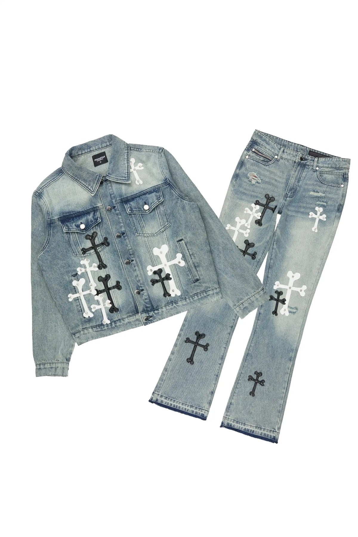 Olivier Medium Blue Patch Rhinestone Denim Jacket/Stacked Flare Jean Set