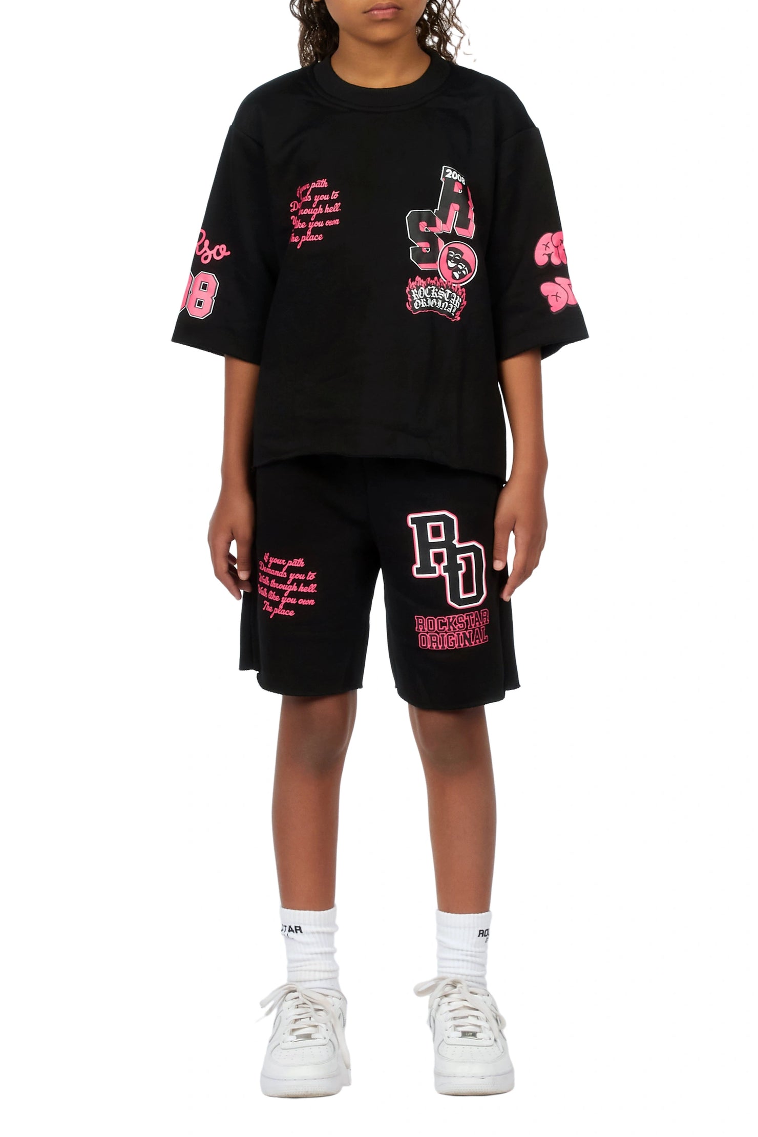 Girls Leslee Black/Pink Boxy T-Shirt Short Set