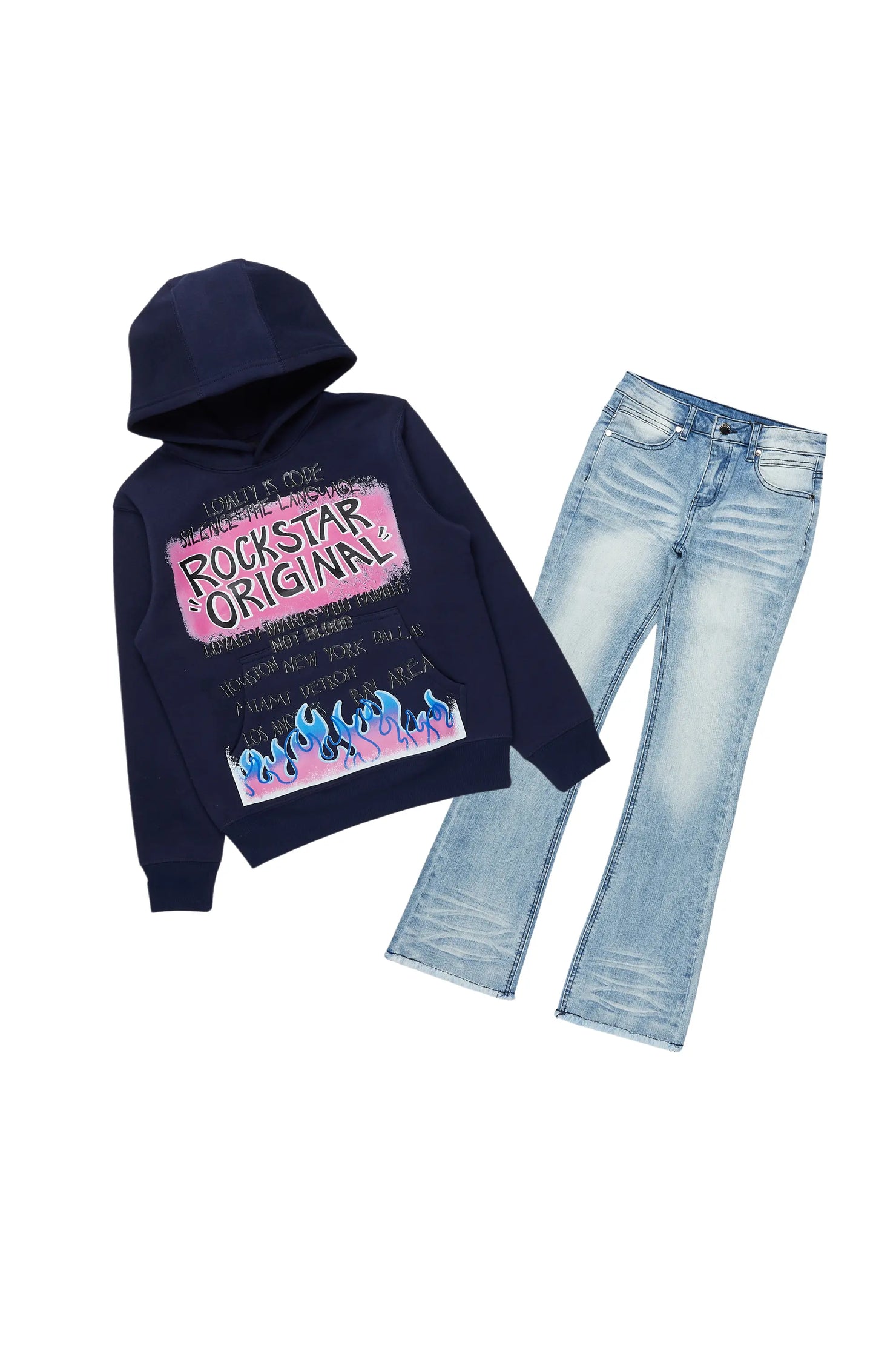 Boys Beno Navy/Blue Hoodie/ Stacked Flare Jean Set