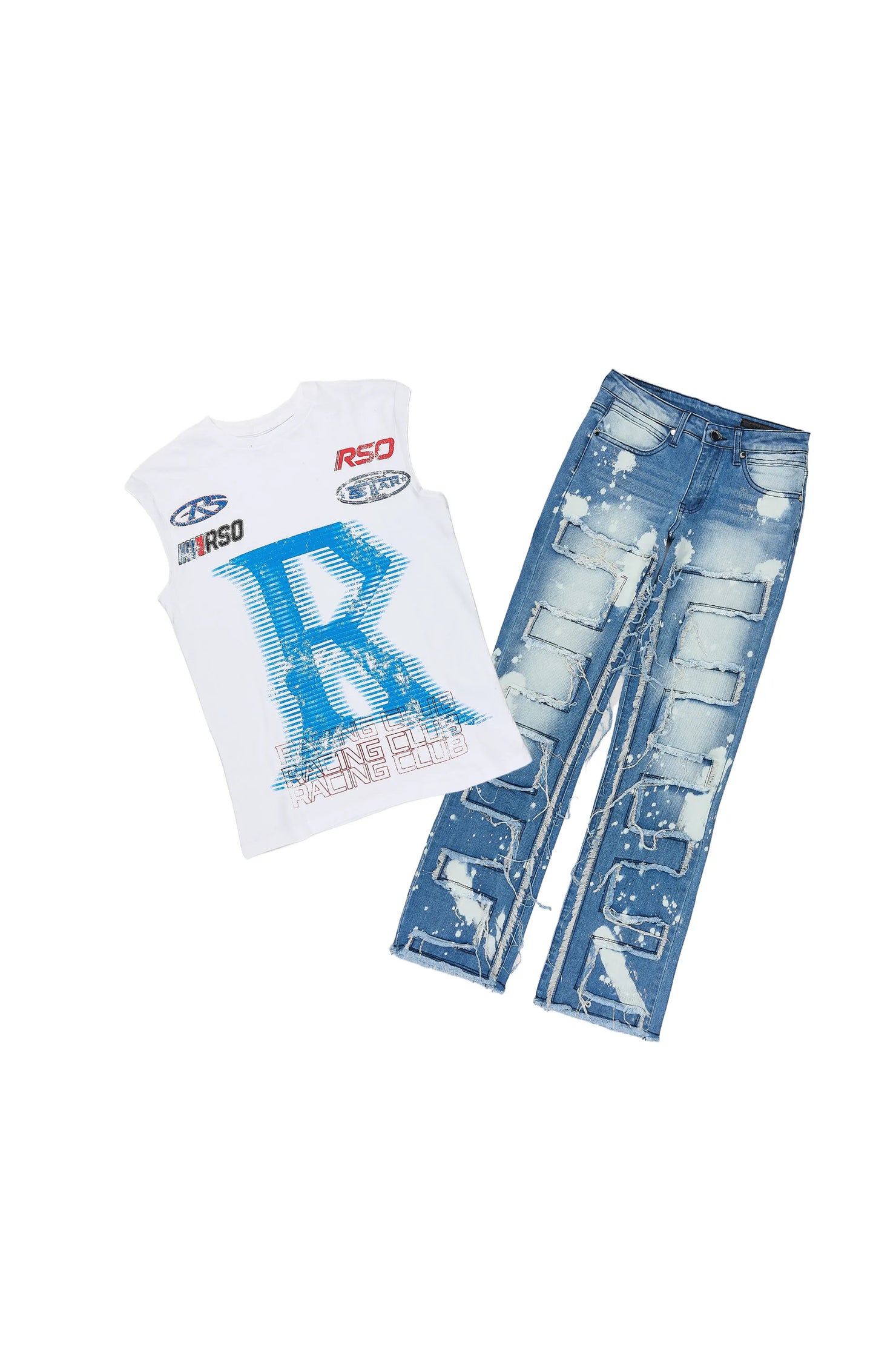 Boys Domarion White/Blue Cut Off T-Shirt Stacked Jean Set