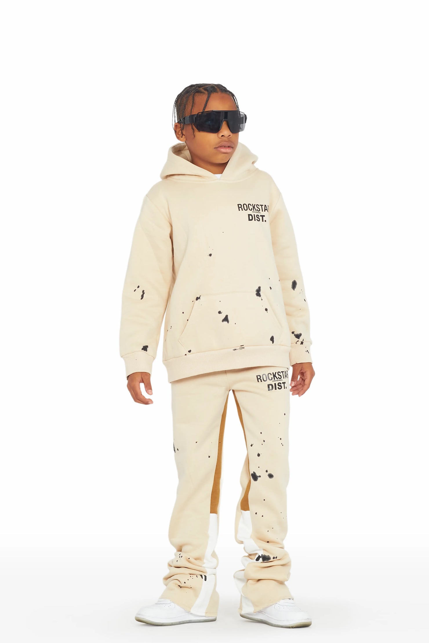 Boys Raffer Beige Hoodie Super Stacked Flare Pant Set