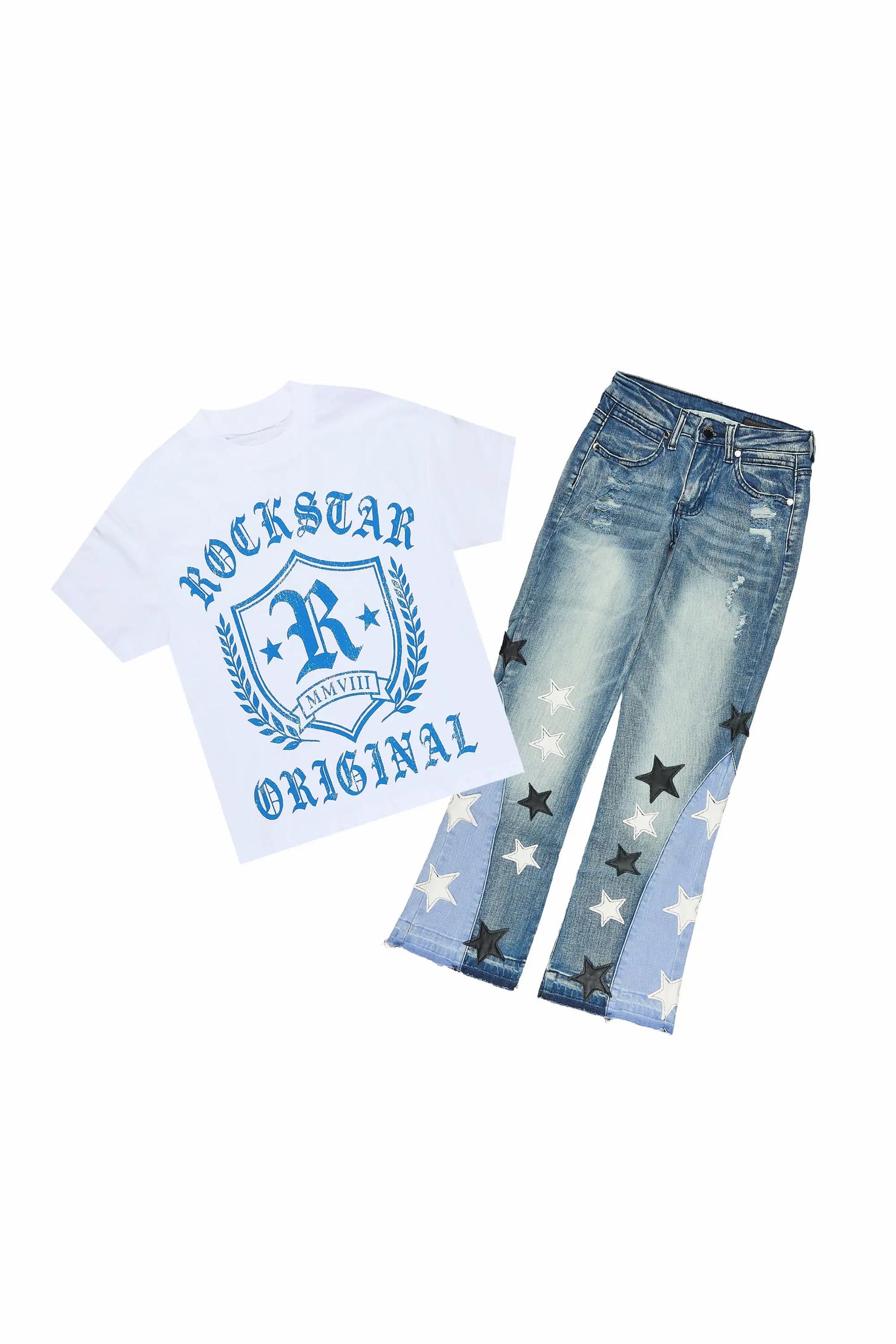 Girls Vesty White/Blue T-Shirt Stacked Jean Set