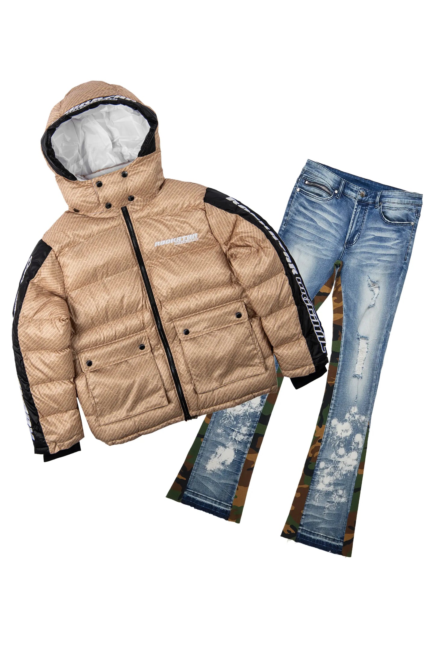 Bryson Puffer Beige & Strass Blue Stacked Flare Jean Bundle