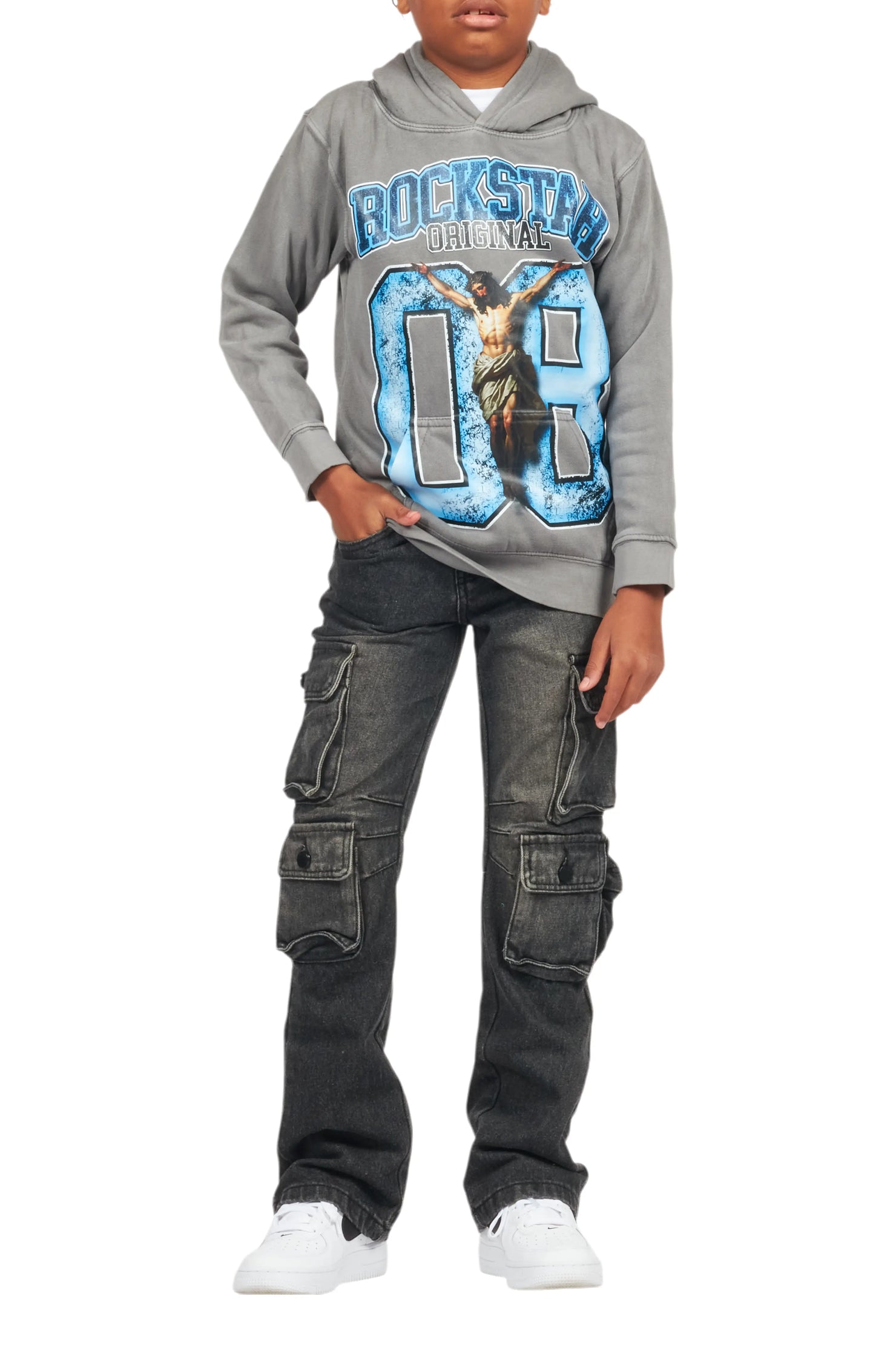 Boys Fields Vintage Grey/Black Hoodie/Stacked Flare Jean Set