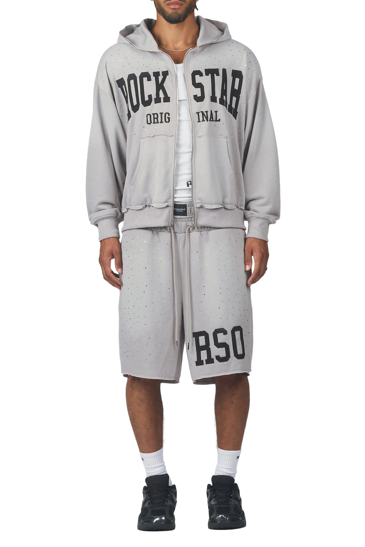 Akila Grey Rhinestone Hoodie Double Waisted Short Set