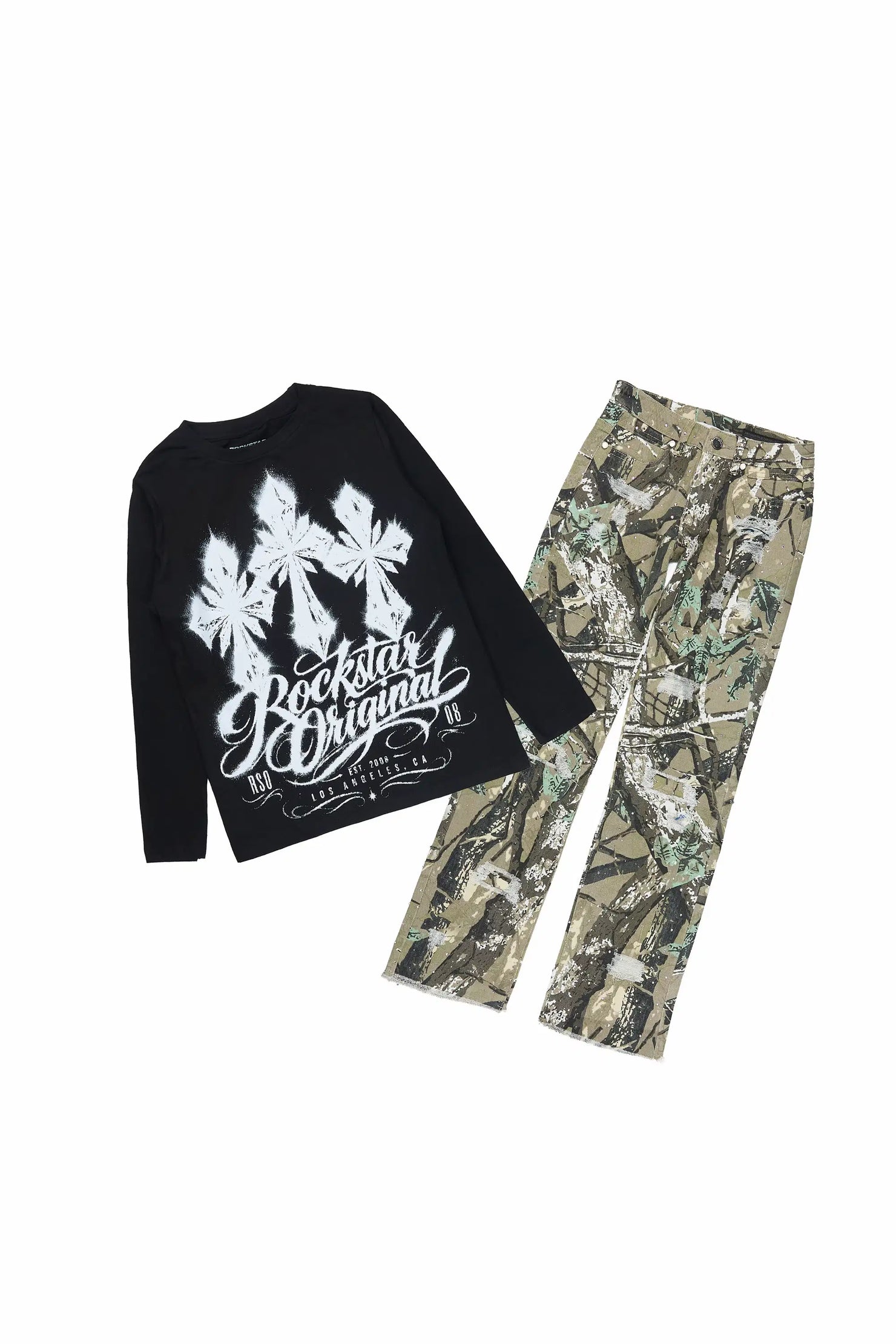 Girls Caltropy Black/Camo Long Sleeve T-Shirt Rhinestone Jean Set