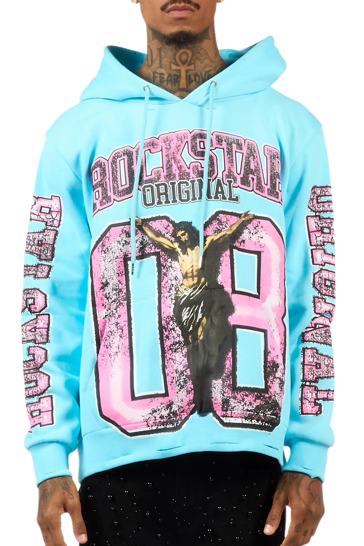 Fields Baby Blue Distressed Graphic Hoodie