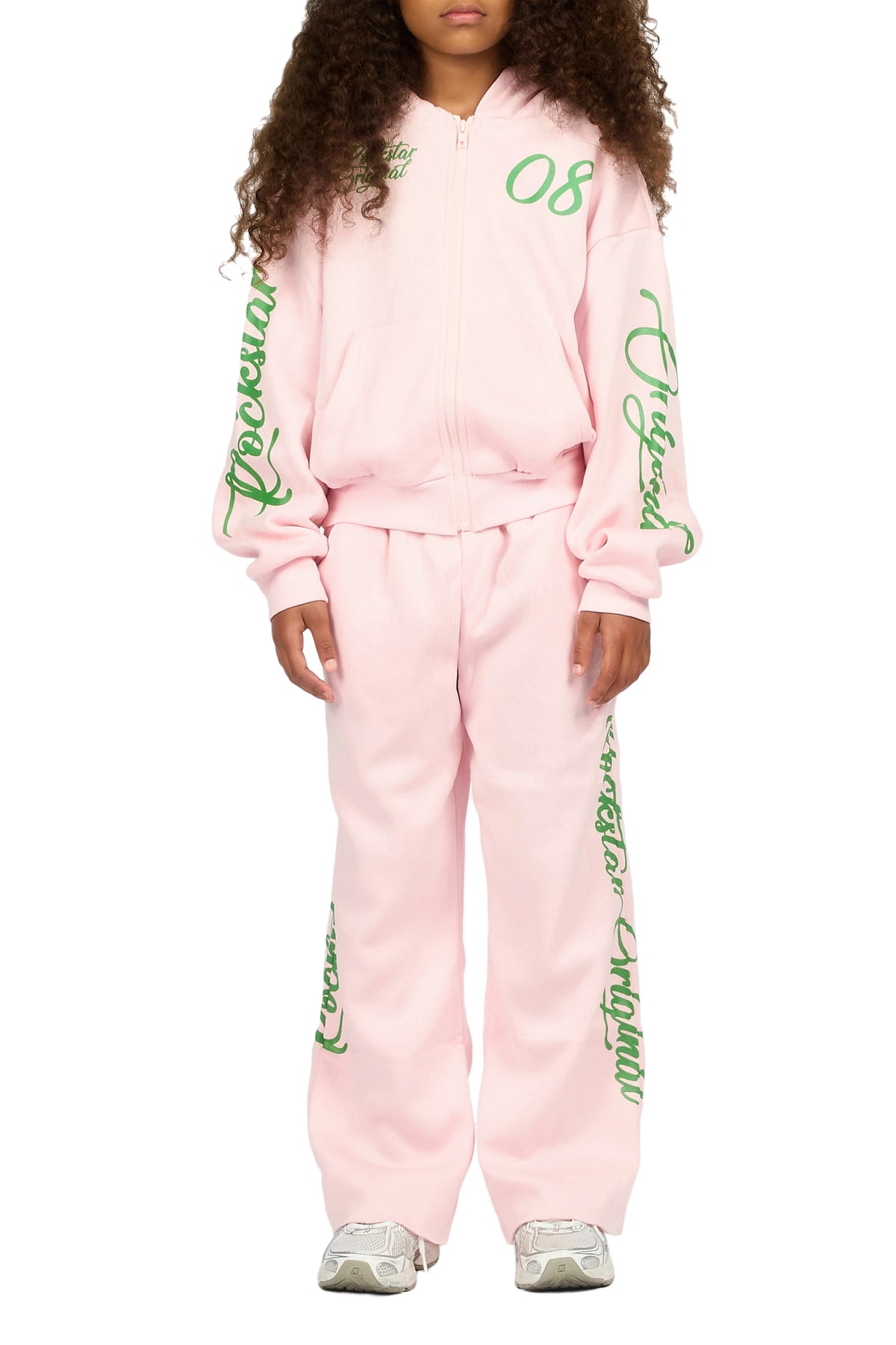 Girls Hanifa Light Pink/Green Zip Up Hoodie Relaxed Pant Track Set