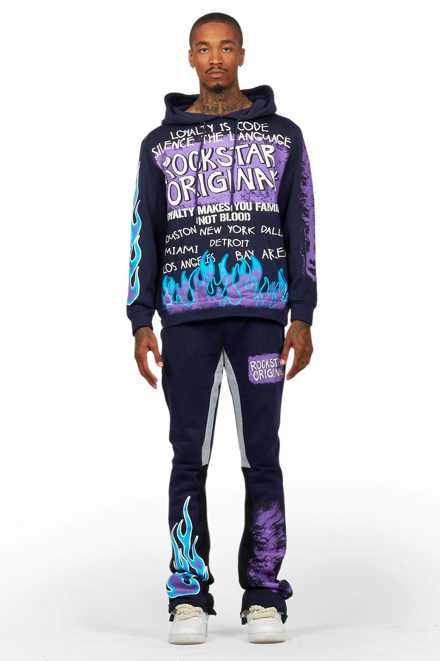 Beno Navy Stacked Flare Hoodie Track Set