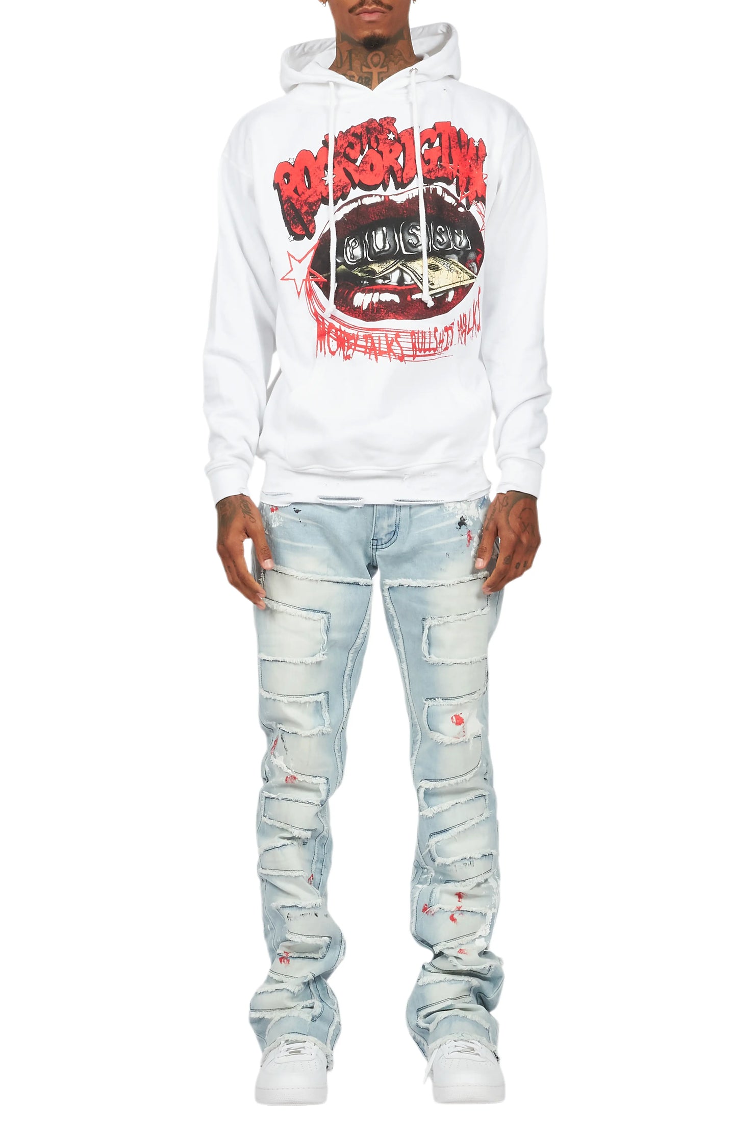 Bloke White/Blue Hoodie/Stacked Flare Jean Bundle