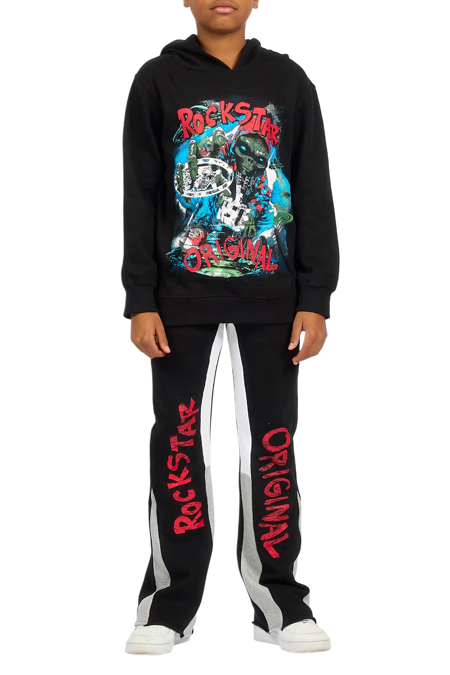 Boys Caevon Black/Multi Hoodie/Stacked Flare Track Set