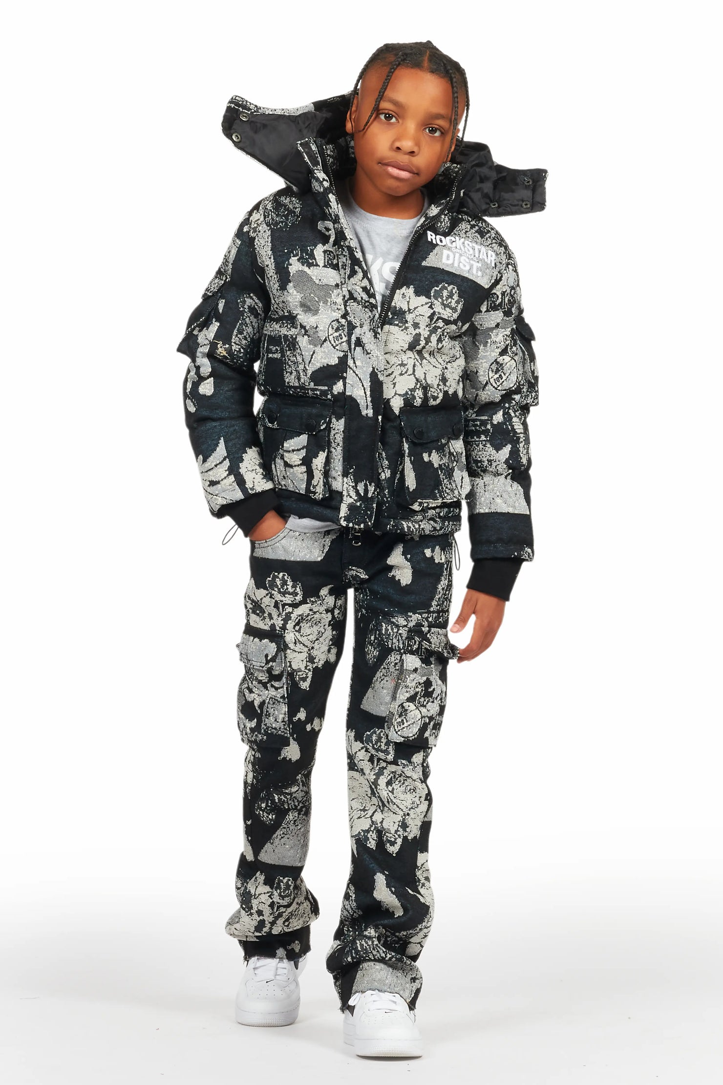 Boys Lamont Black Tapestry Puffer Jacket/Flare Jean Set