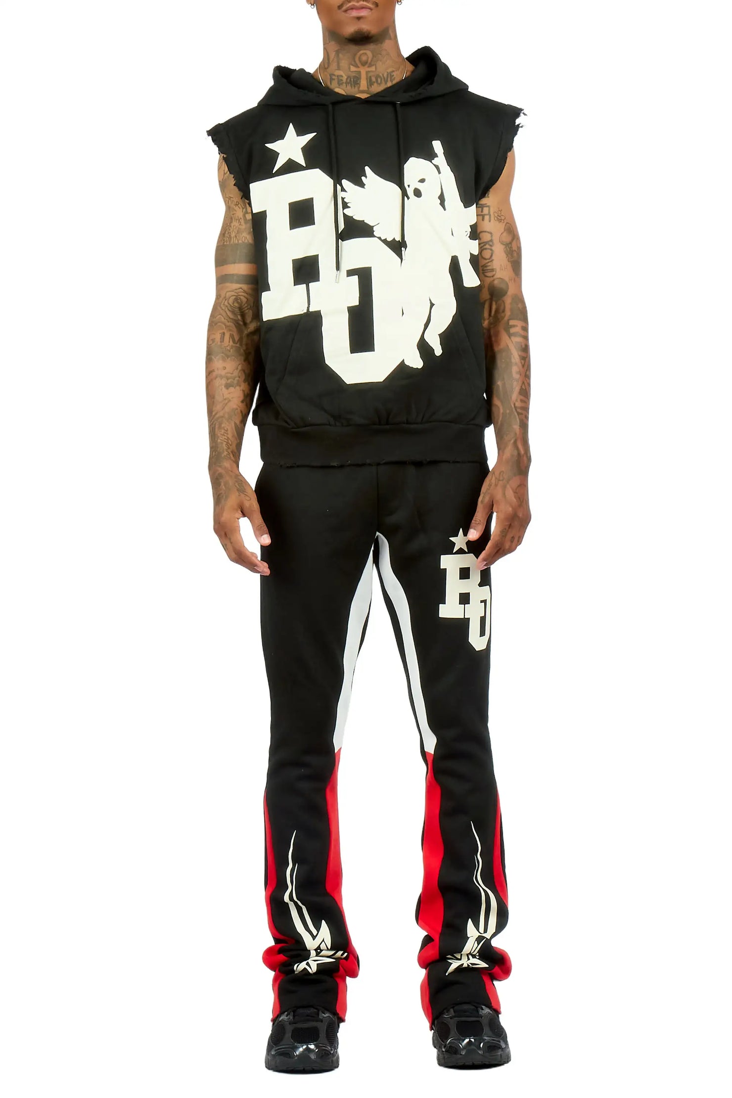 Pluton Black/Red Cut Sleeve Hoodie/Stacked Flare Track Set