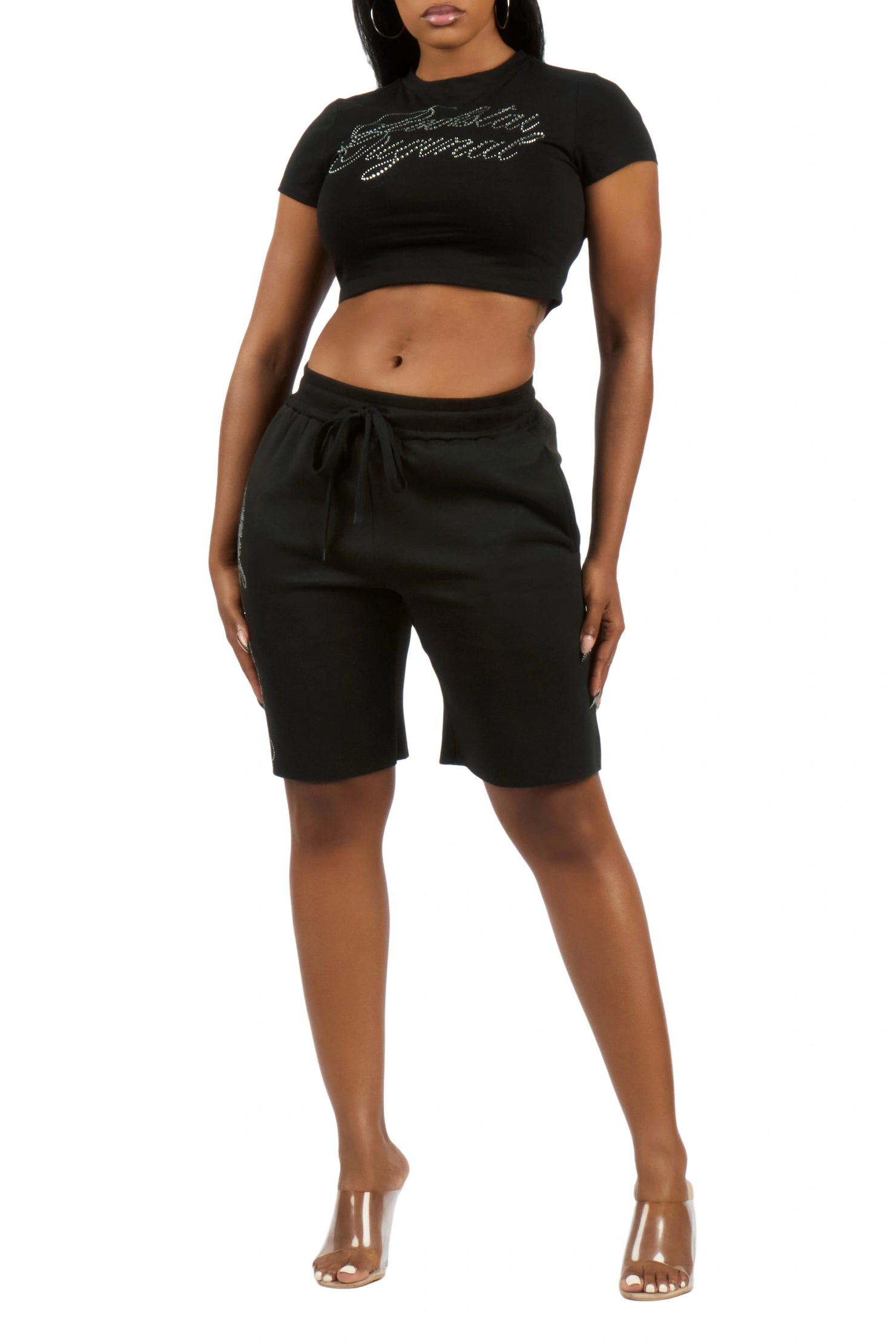 Taiesha Black Rhinestone T-Shirt Short Set