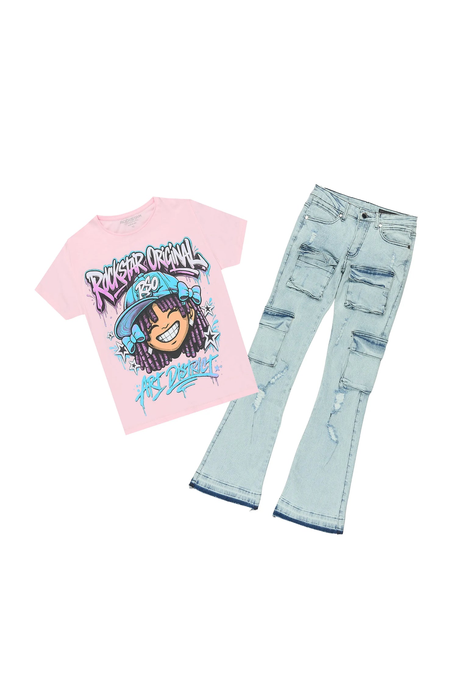 Girls Aze Pink/Light Wash T-Shirt Stacked Jean Set