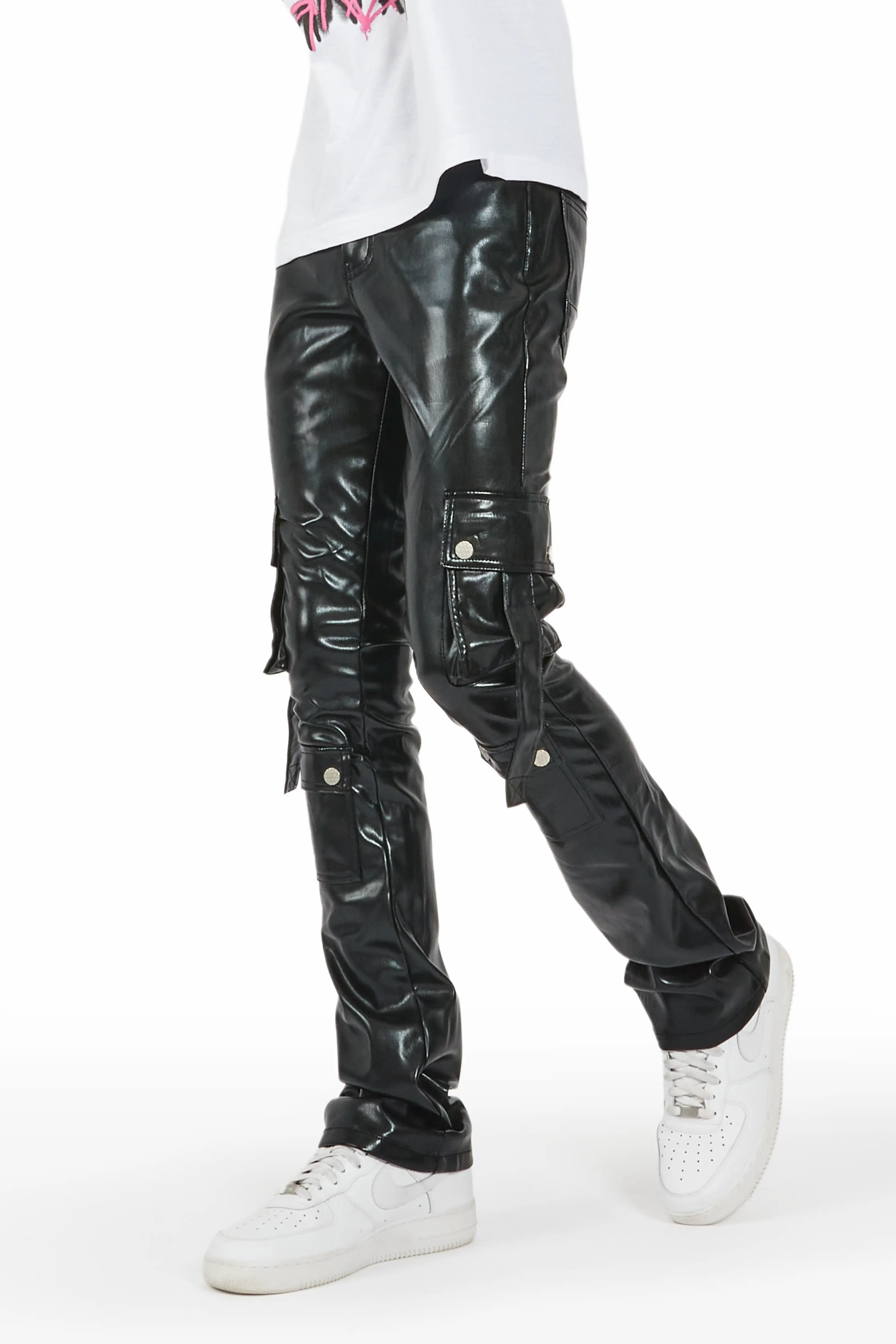 Errol Black Faux Leather Stacked Cargo Jean