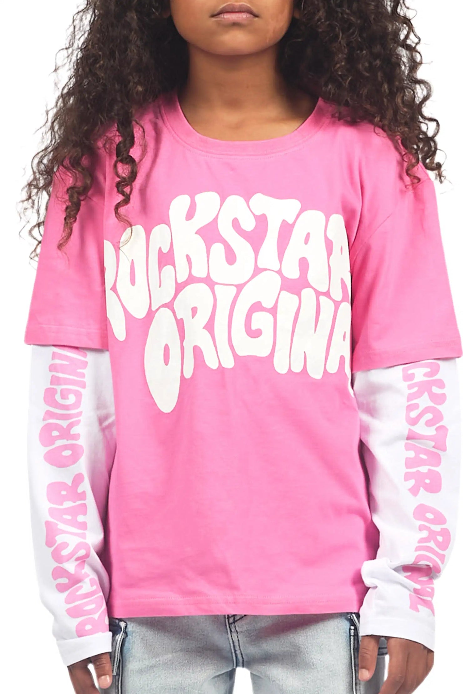 Girls Monique Pink/White Double Layer L/S Graphic T-Shirt