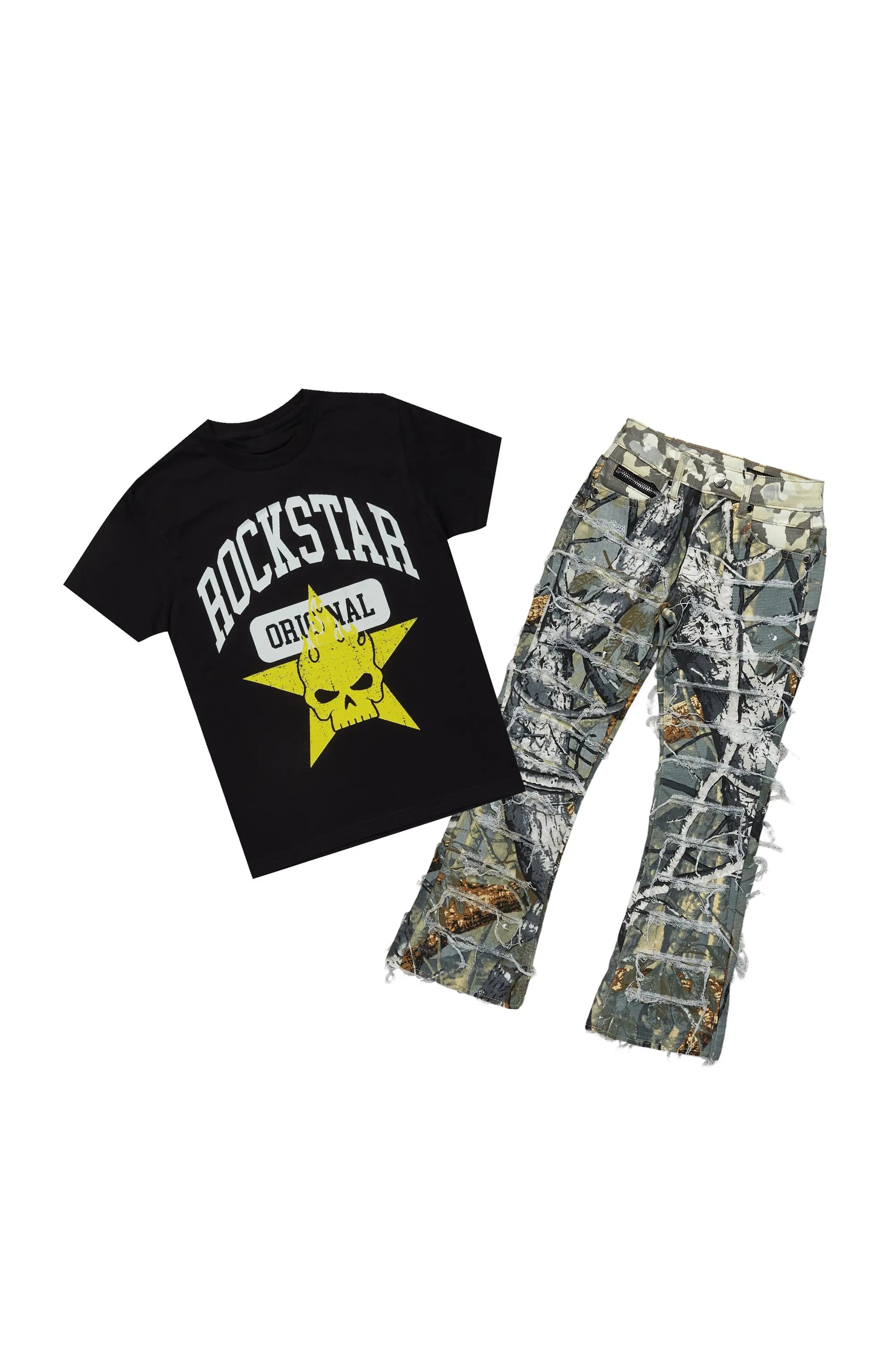 Boys Semaj Tree Camo T-Shirt/Stacked Flare Jean Set