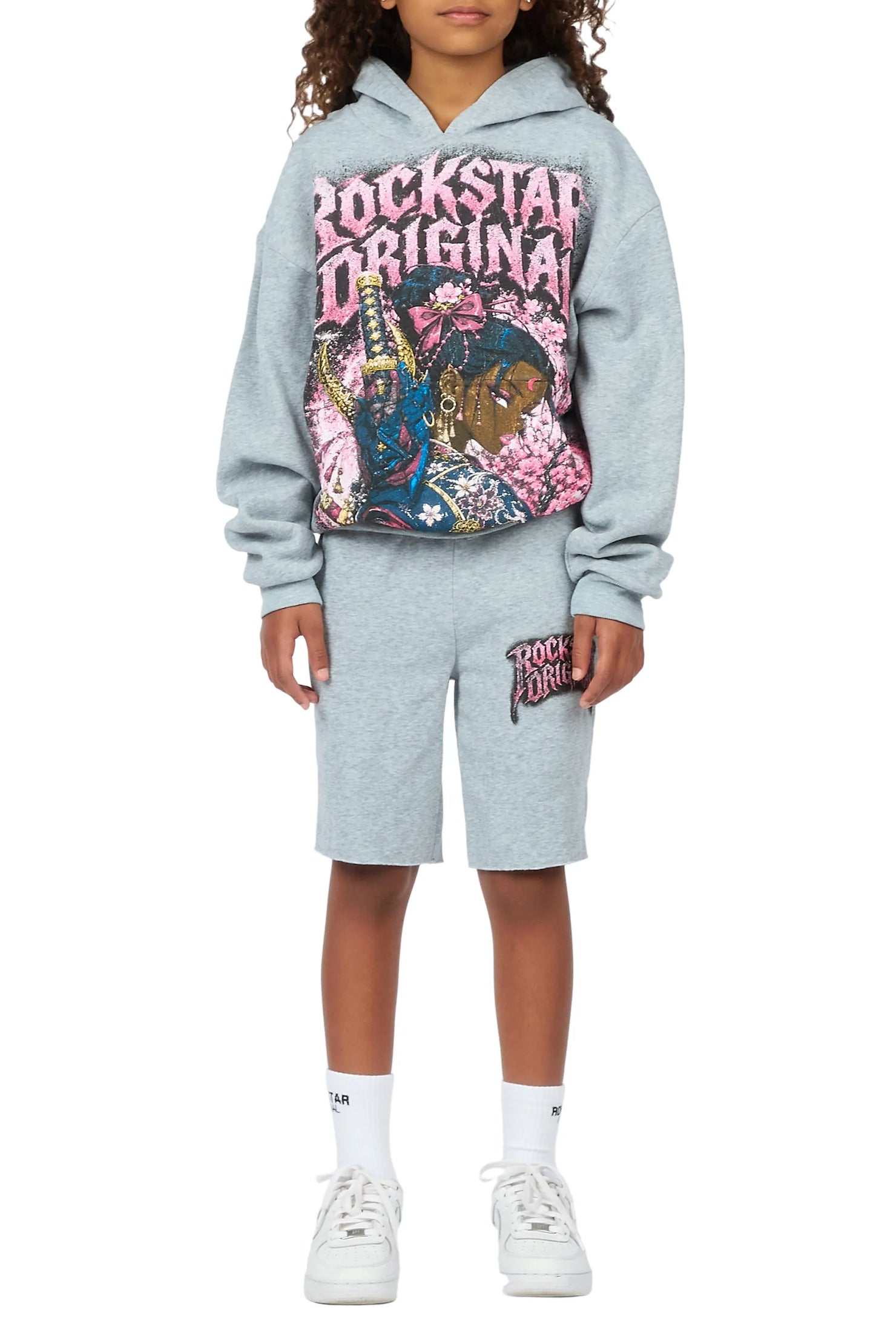 Girls Kavera Heather Grey Graphic Hoodie Short Set