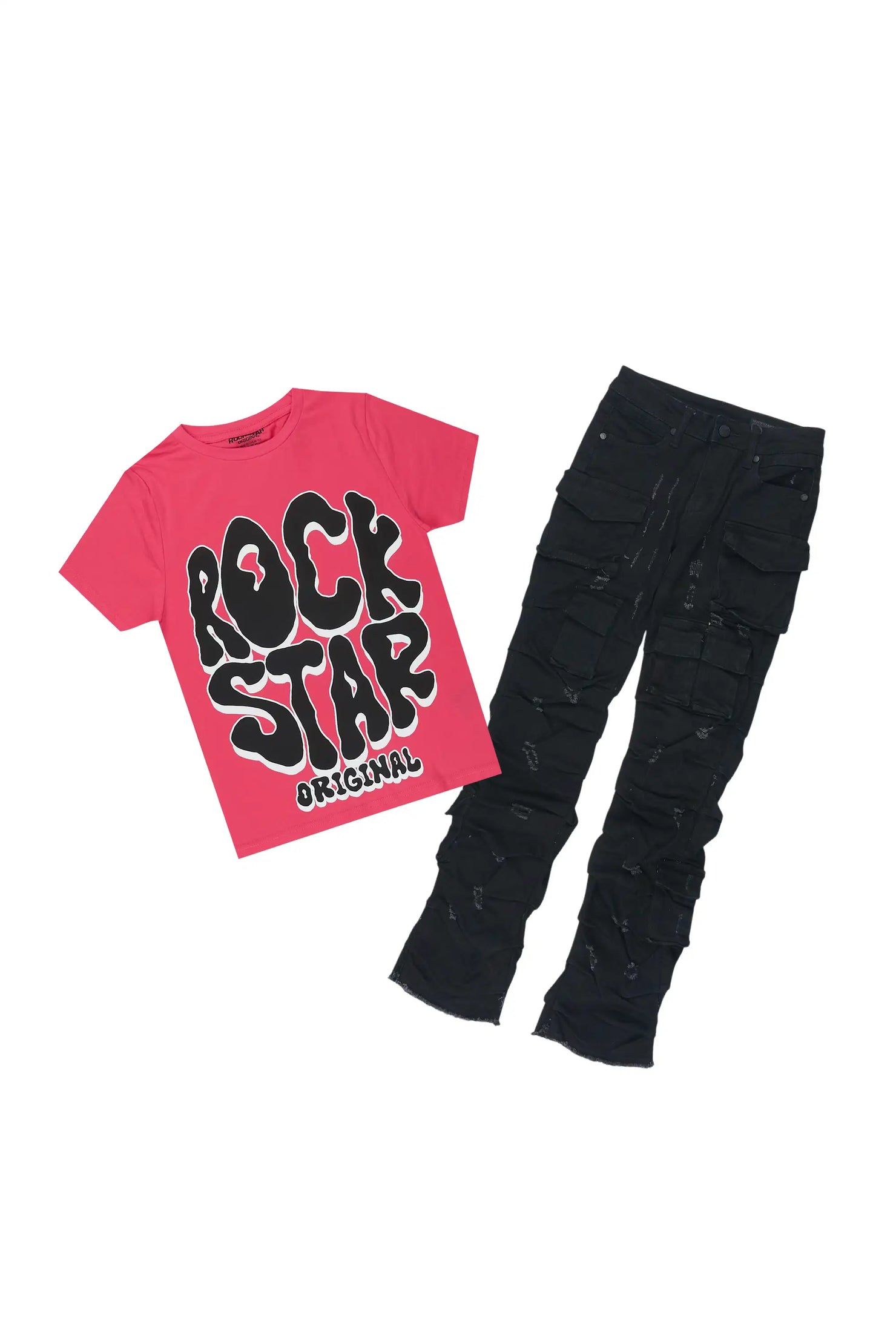 Girls Cassey Fuchsia/Black T-Shirt Stacked Jean Set