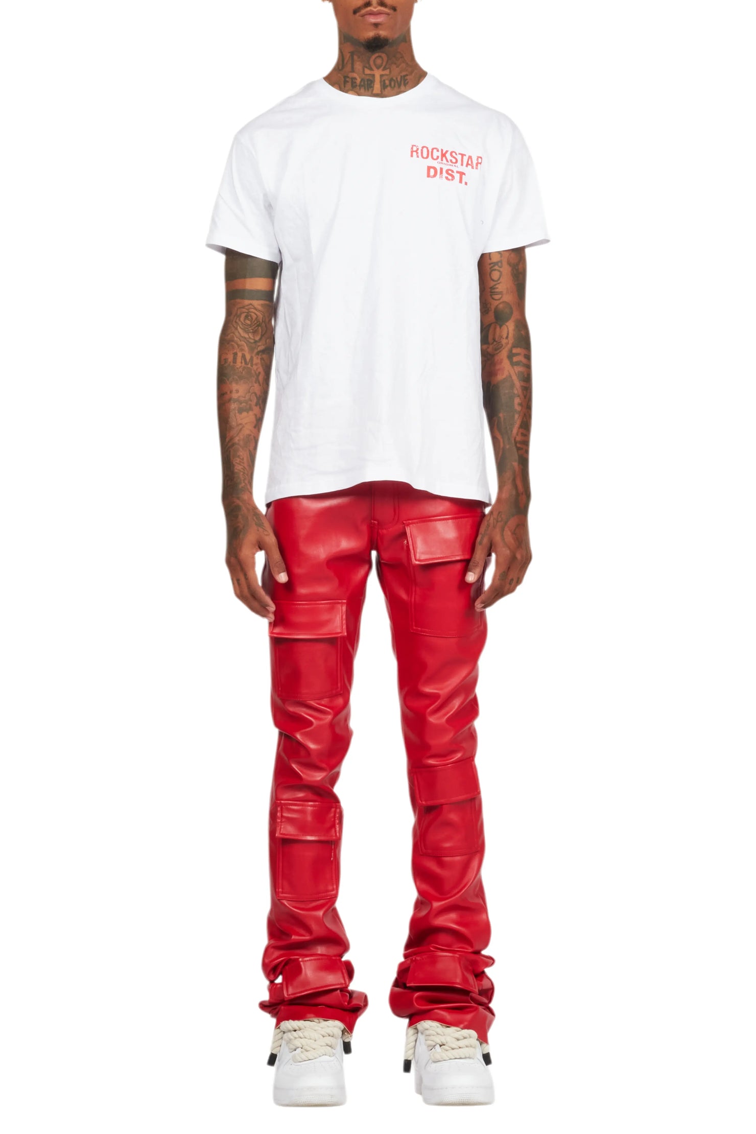 Petrus Red PU Stacked Flare Leather Jean