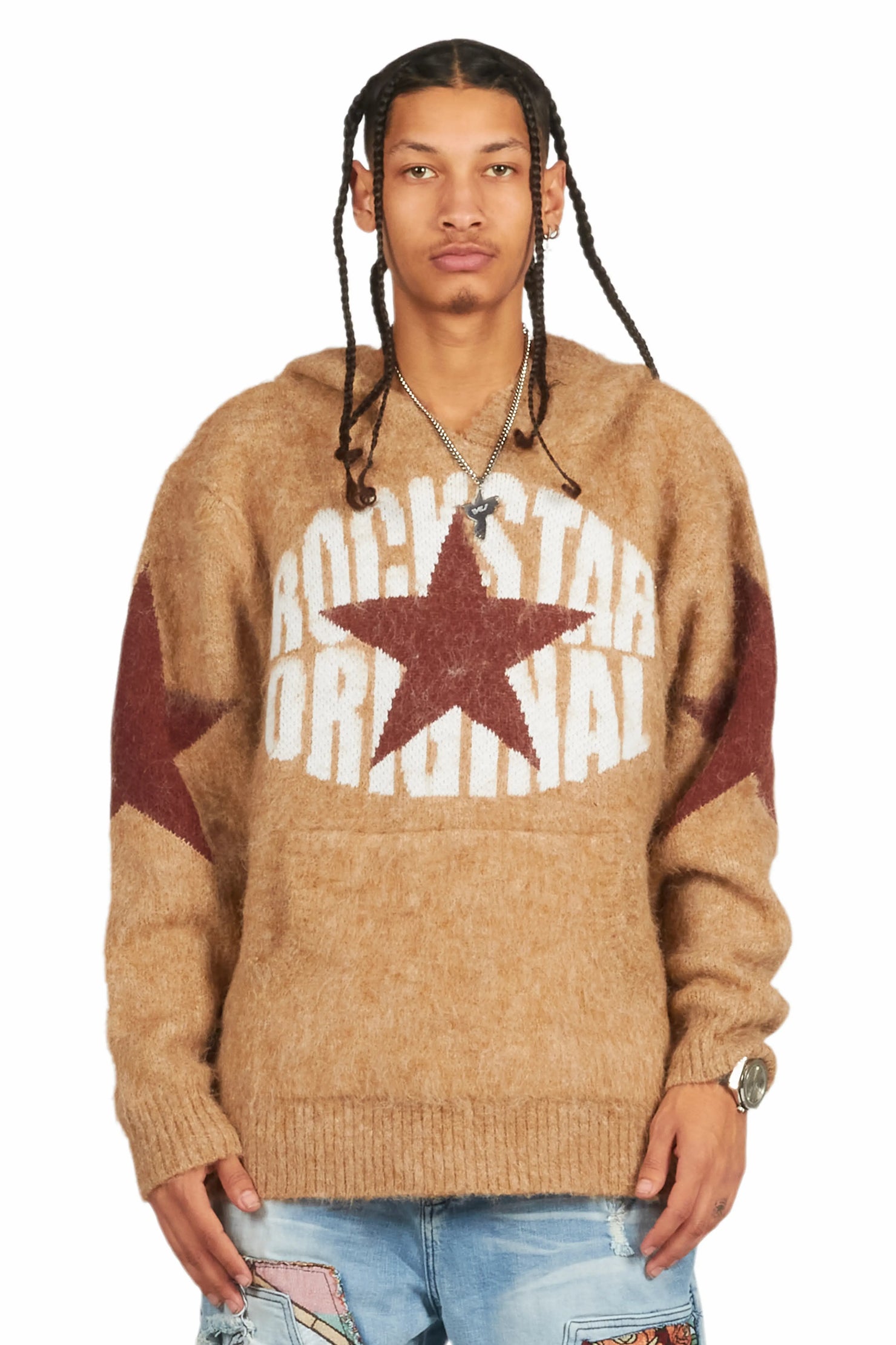 States Brown Graphic Knitted Mohair Hoodie