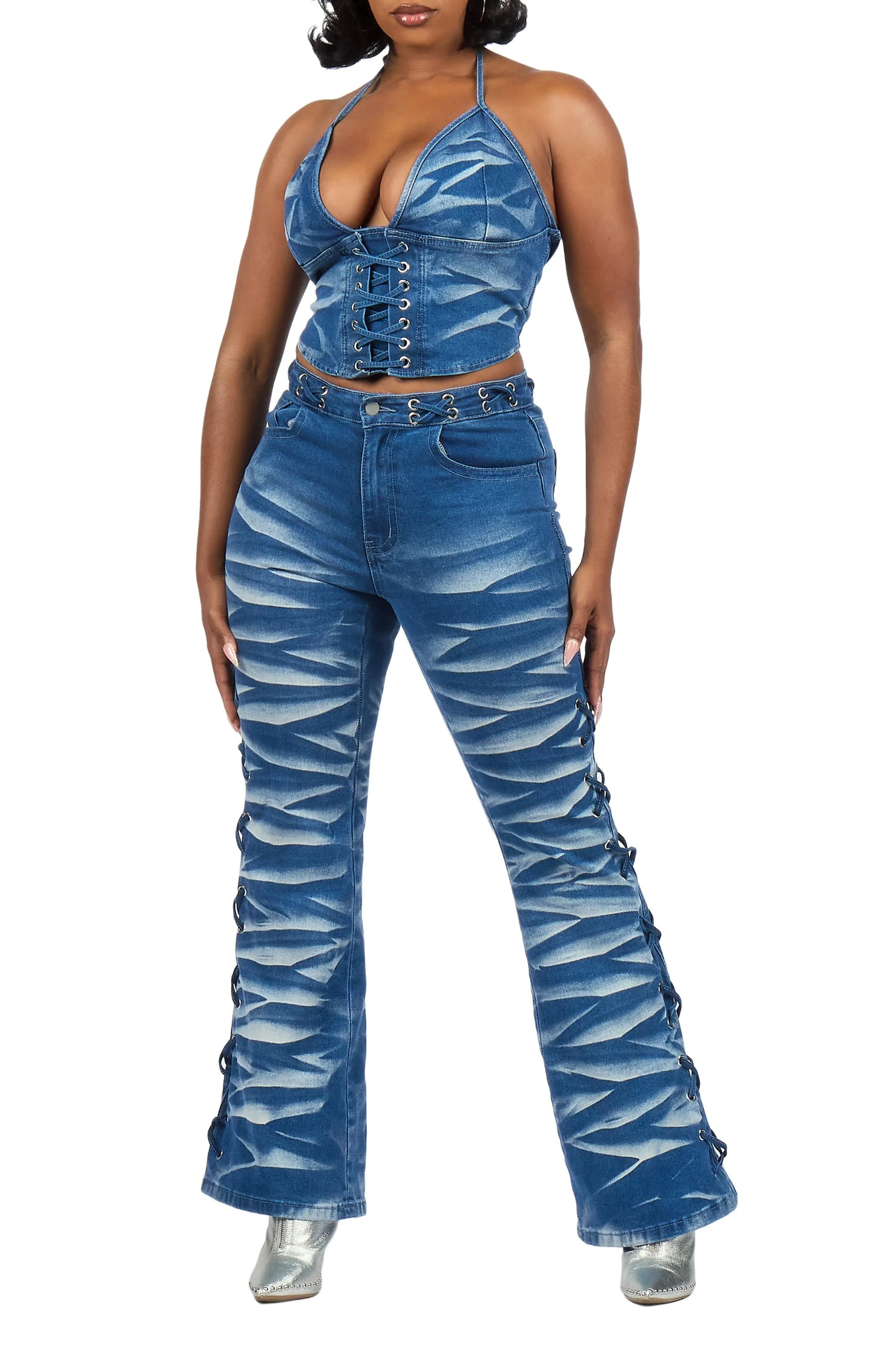 Suleah Blue Lace Up Denim Set