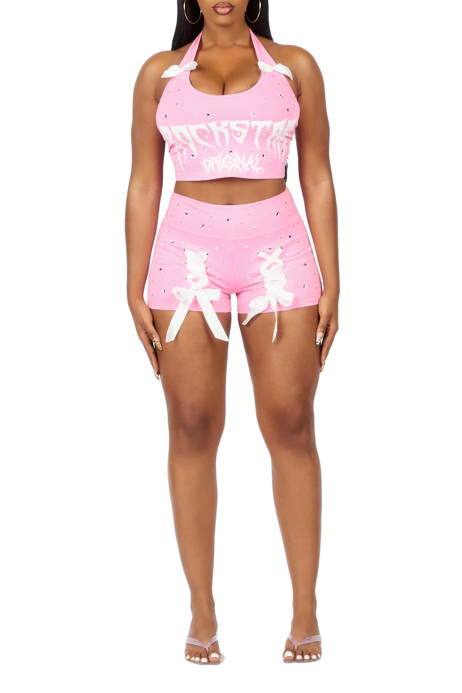 Donita Pink Rhinestone Halter Tank Short Set
