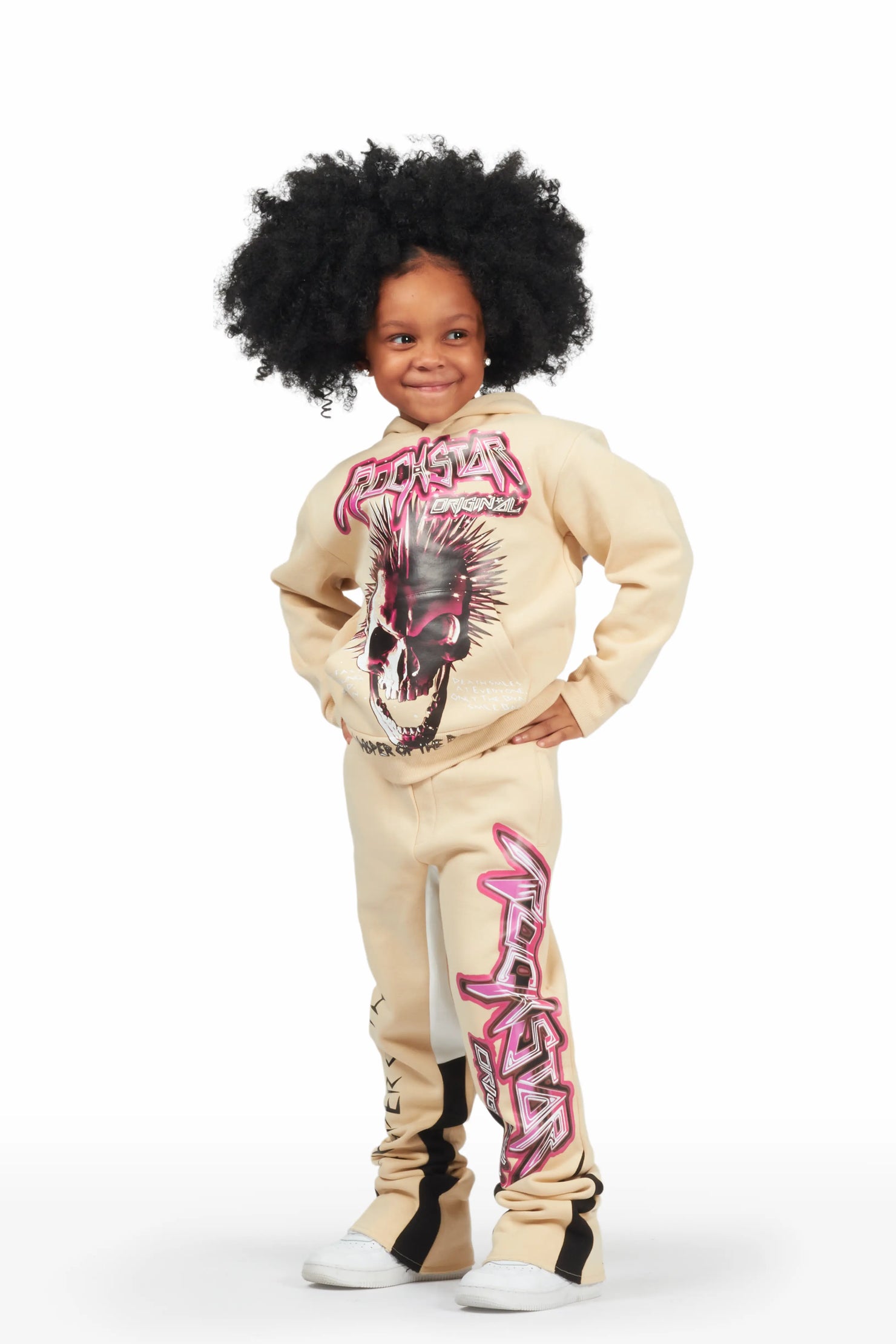 Girls Obee Beige/Black Hoodie Stacked Flare Track Set