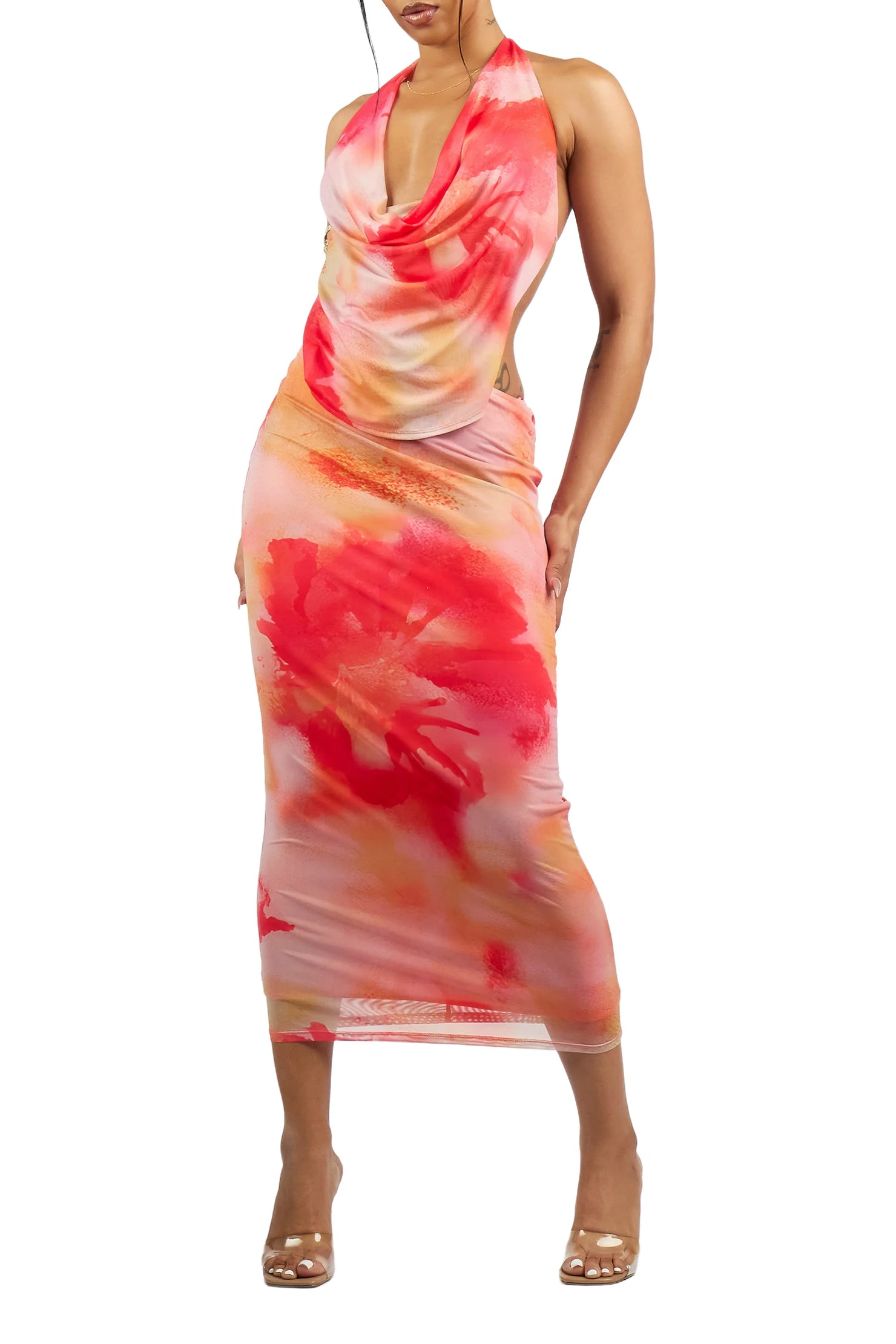 Bloom Red Maxi Drape Neck Dress