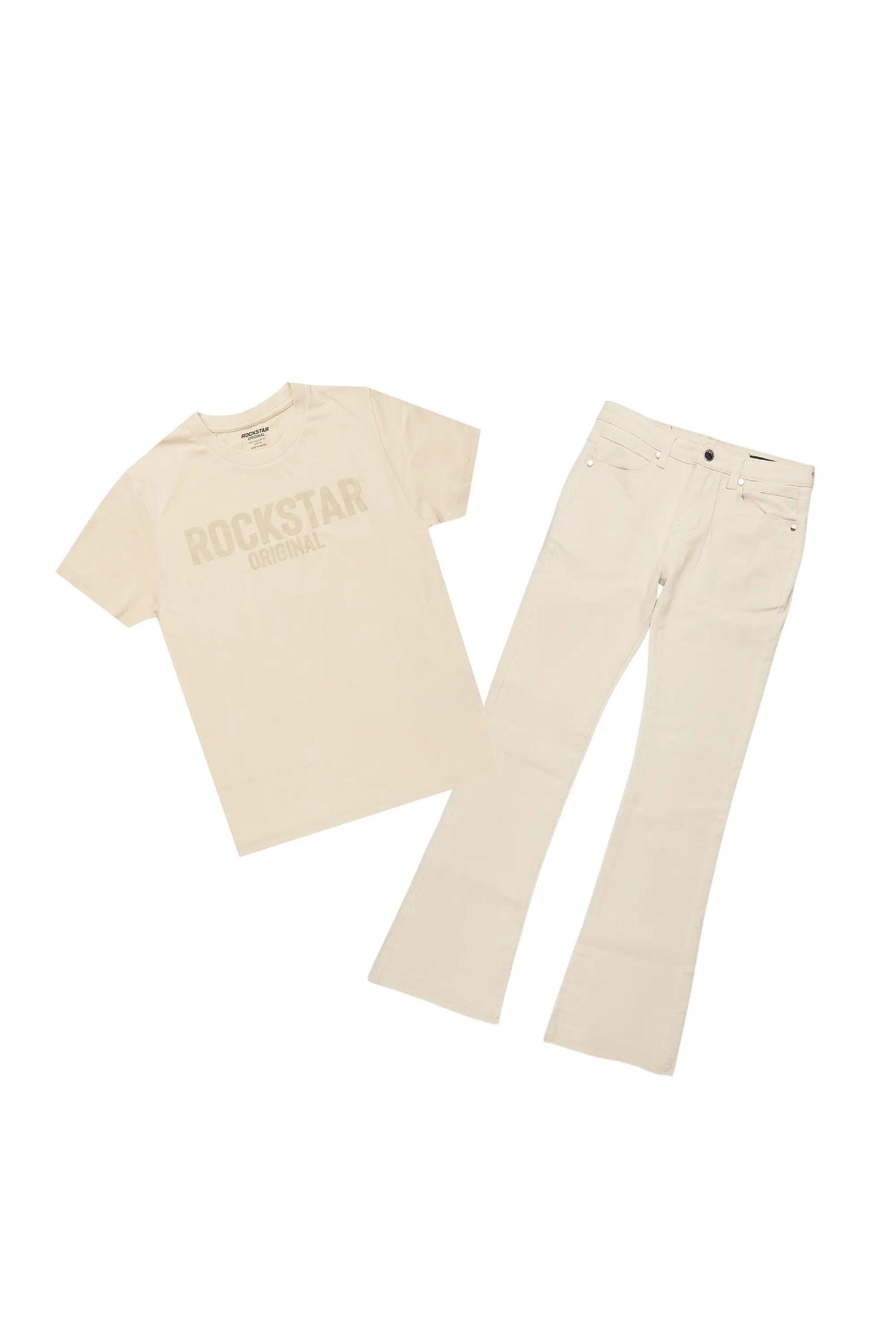 Boys Sana Vintage Sand/Beige T-Shirt/Dag Stacked Flare Jean Set