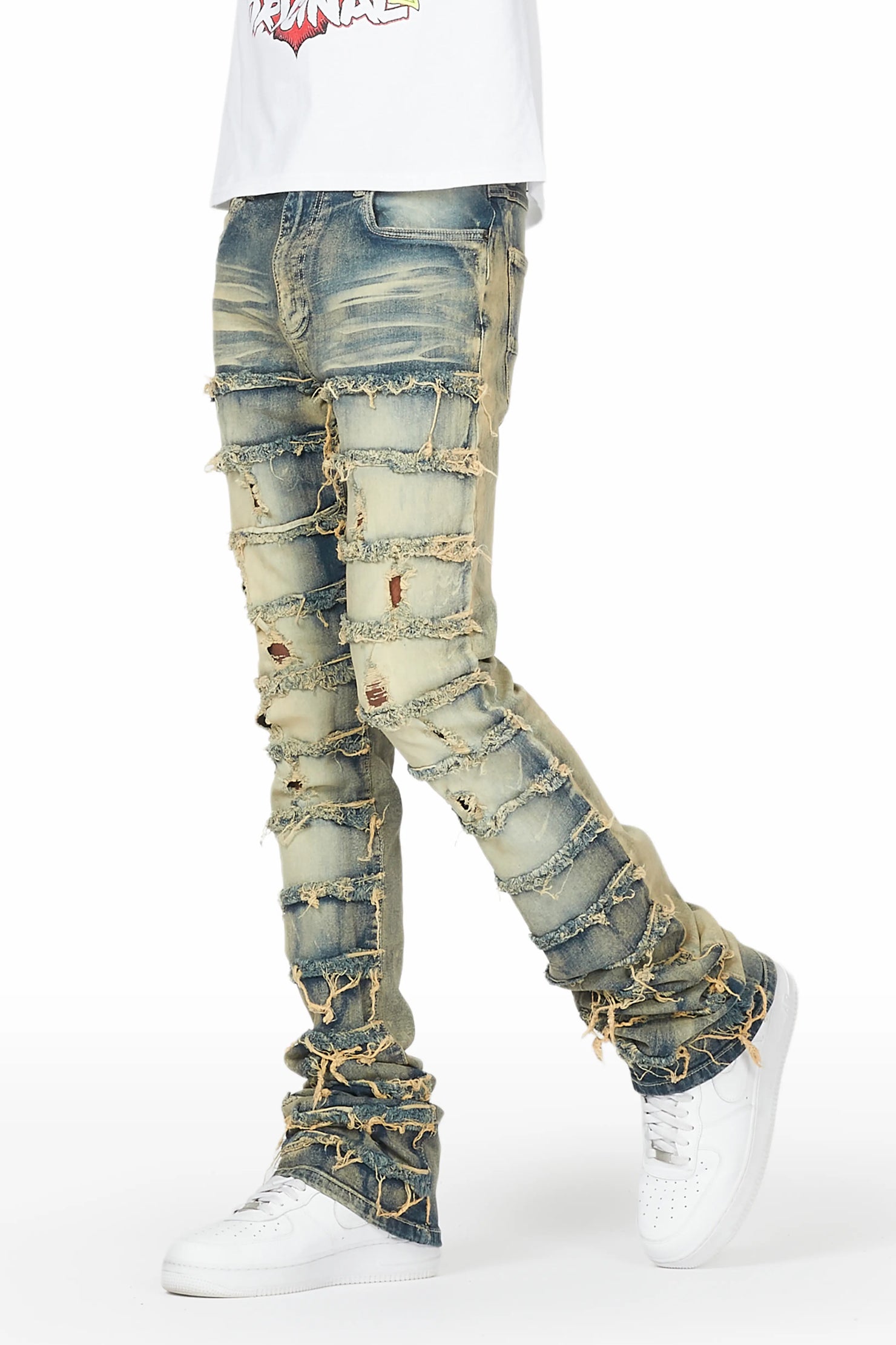 Waylon Rustic Blue Frayed Super Stacked Flare Jean