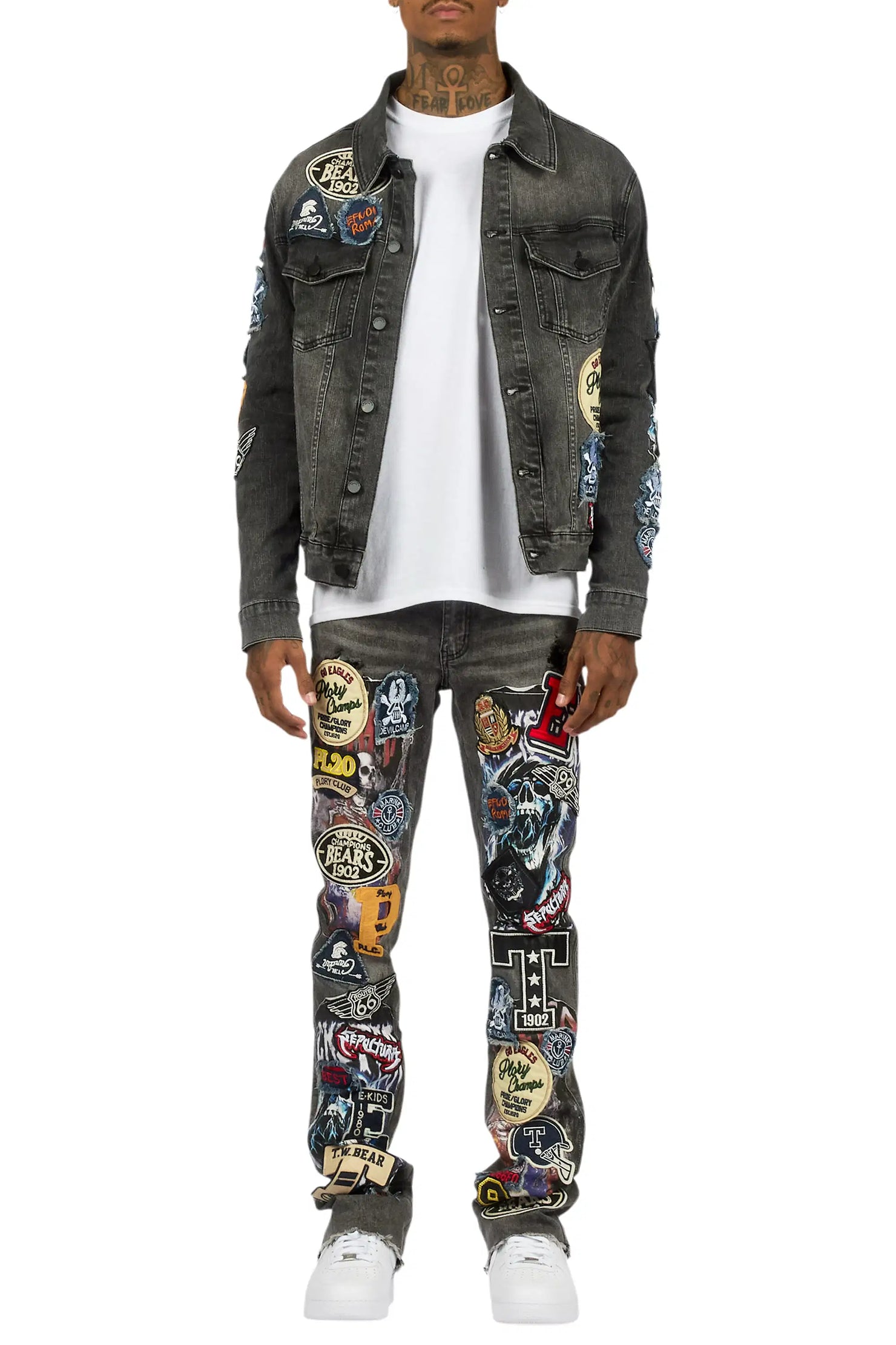 Espan Dark Grey Denim Jacket/Stacked Flare Jean Set