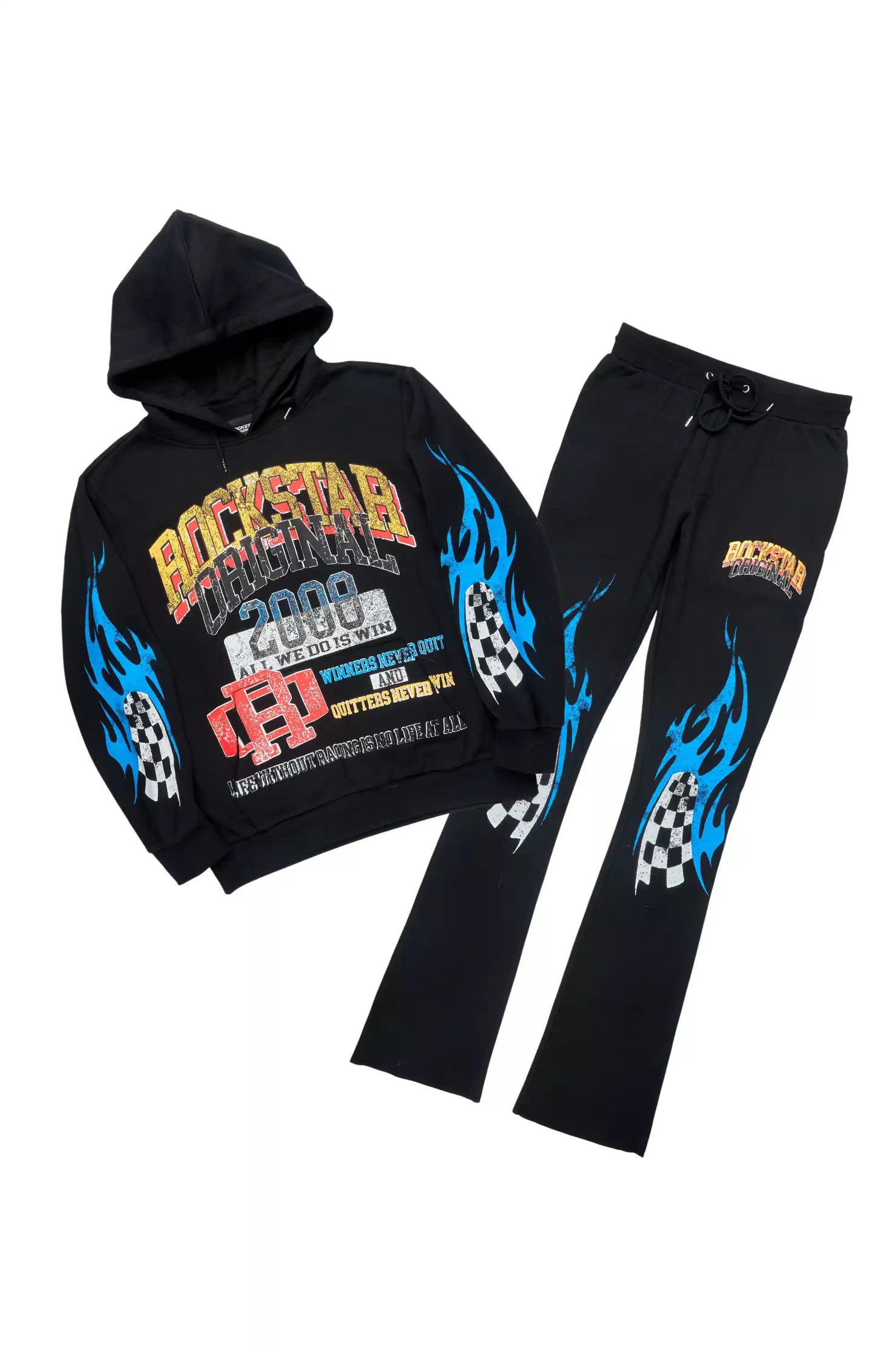 Colorful Race Black Hoodie Stacked Track Set