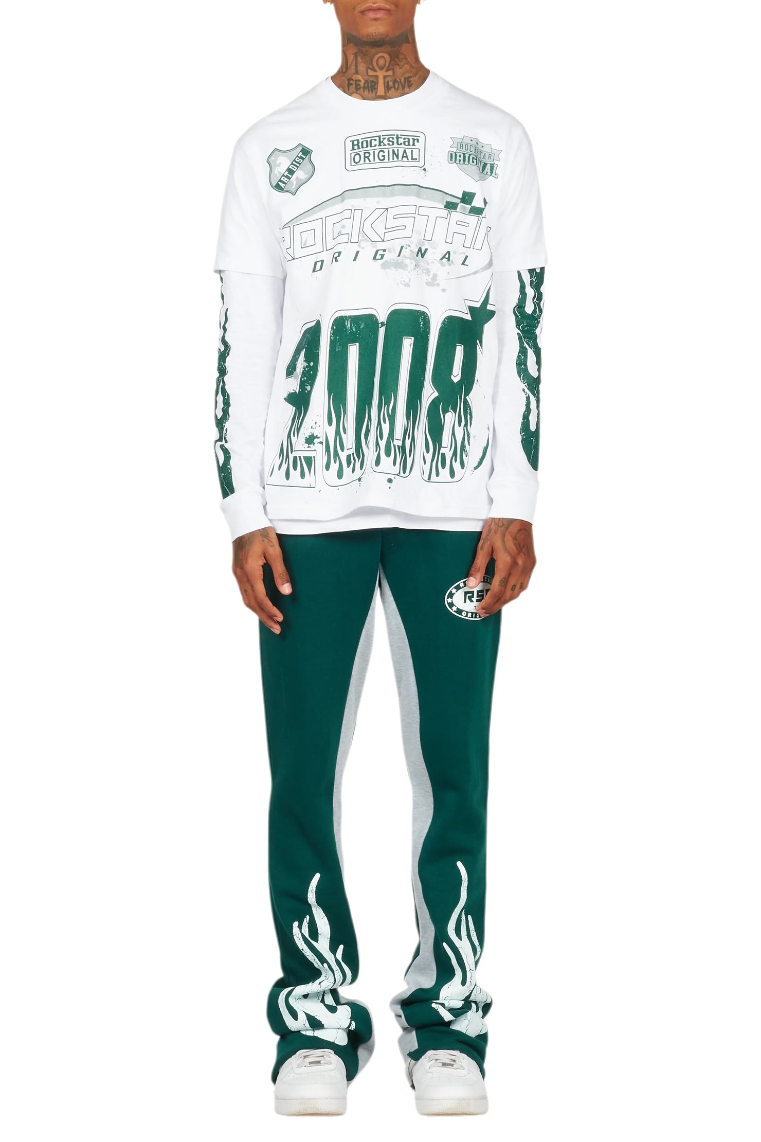 Amos White/Green Double Layer T-Shirt/Stacked Baggy Pant Set