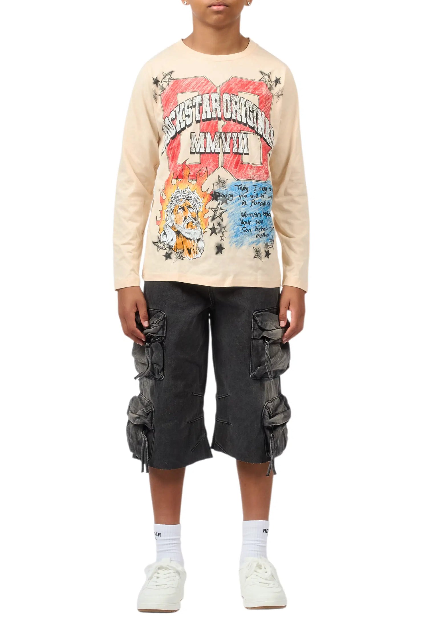 Boys Jesus Crayon Sand/Black Long Sleeve T-Shirt/Denim Jort Set