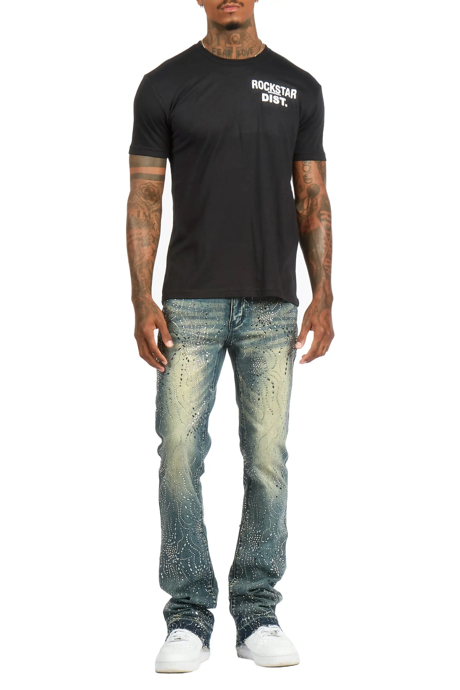 Izai Dark Blue Rhinestone Stacked Fit Jean