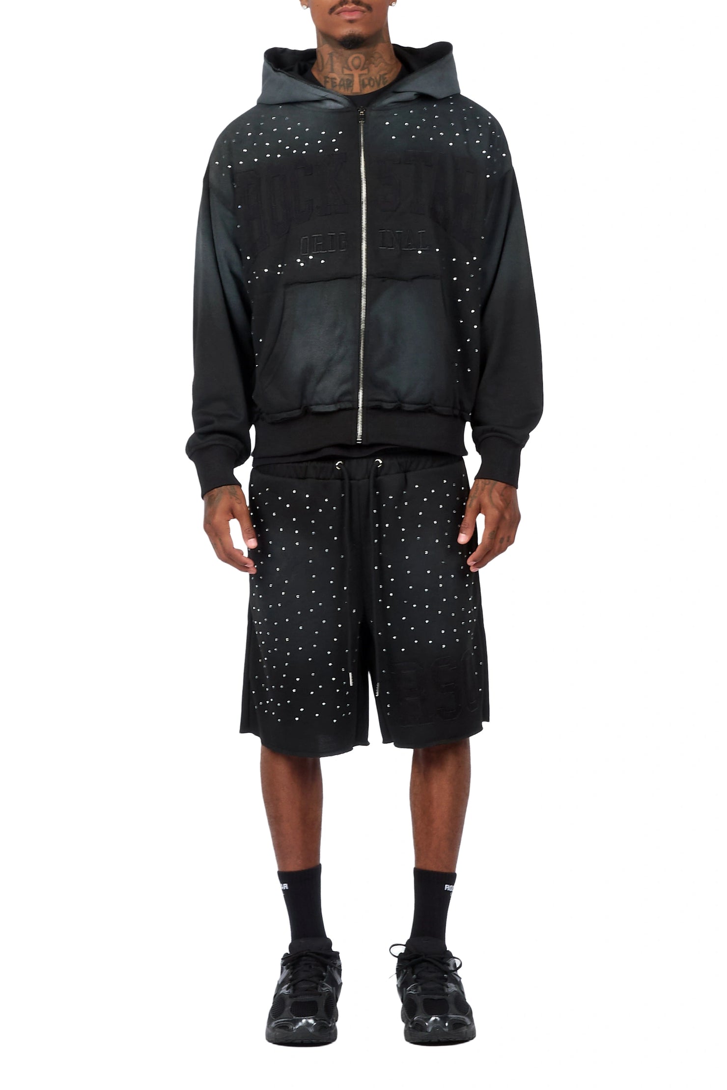 Akila Black Rhinestone Hoodie Double Waisted Short Set