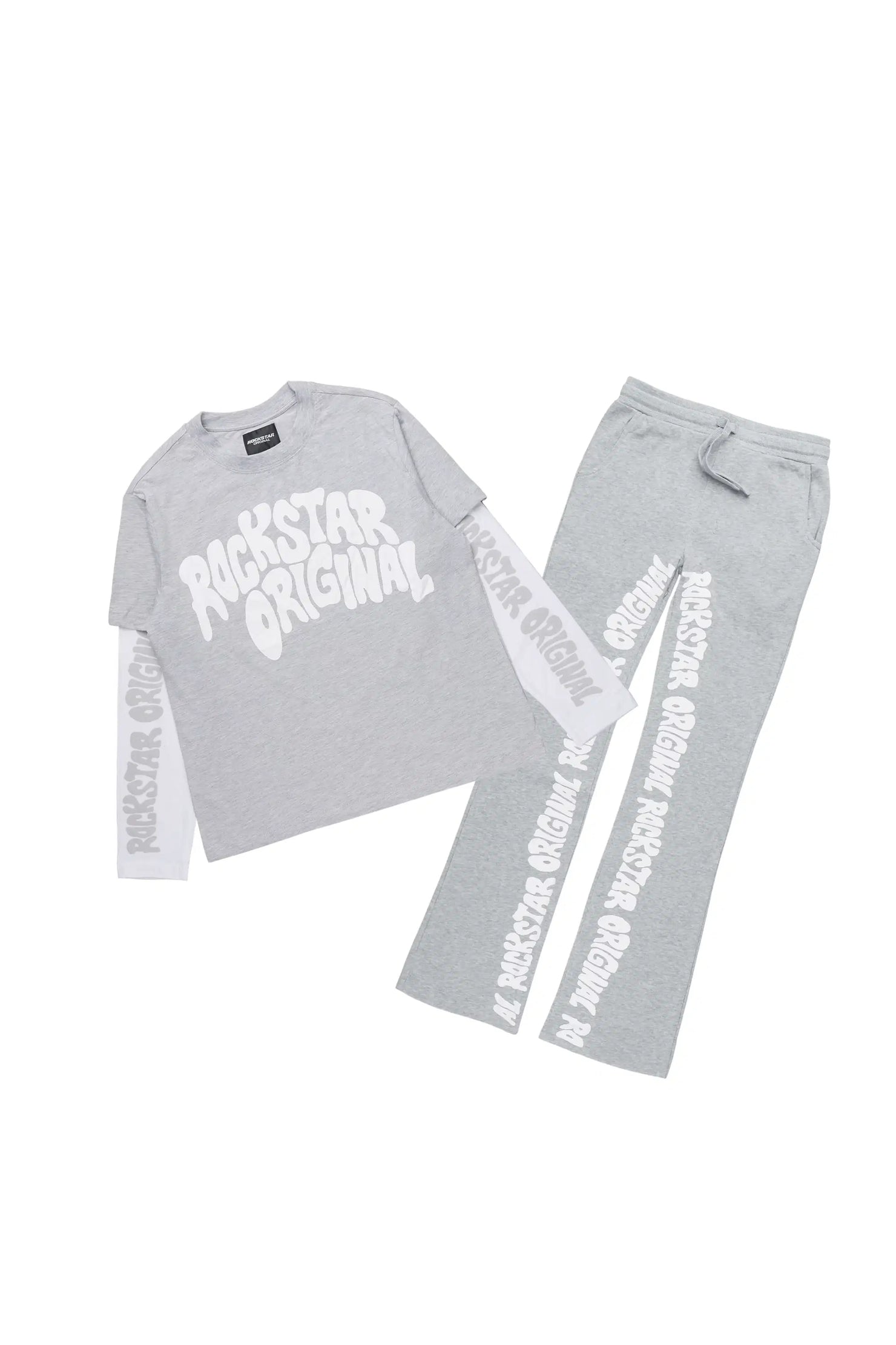 Girls Monique Grey Double Layer T-Shirt Stacked Flare Track Pant Set