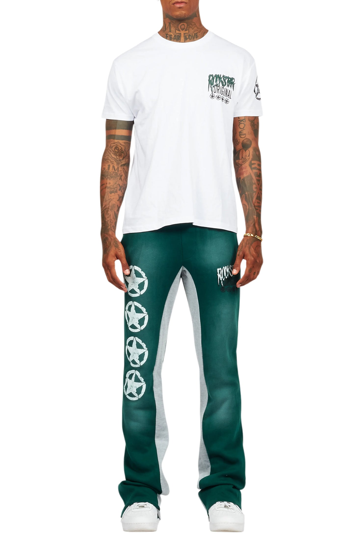 Wizzurd White/Green T-Shirt/Stacked Baggy Track Pant Set
