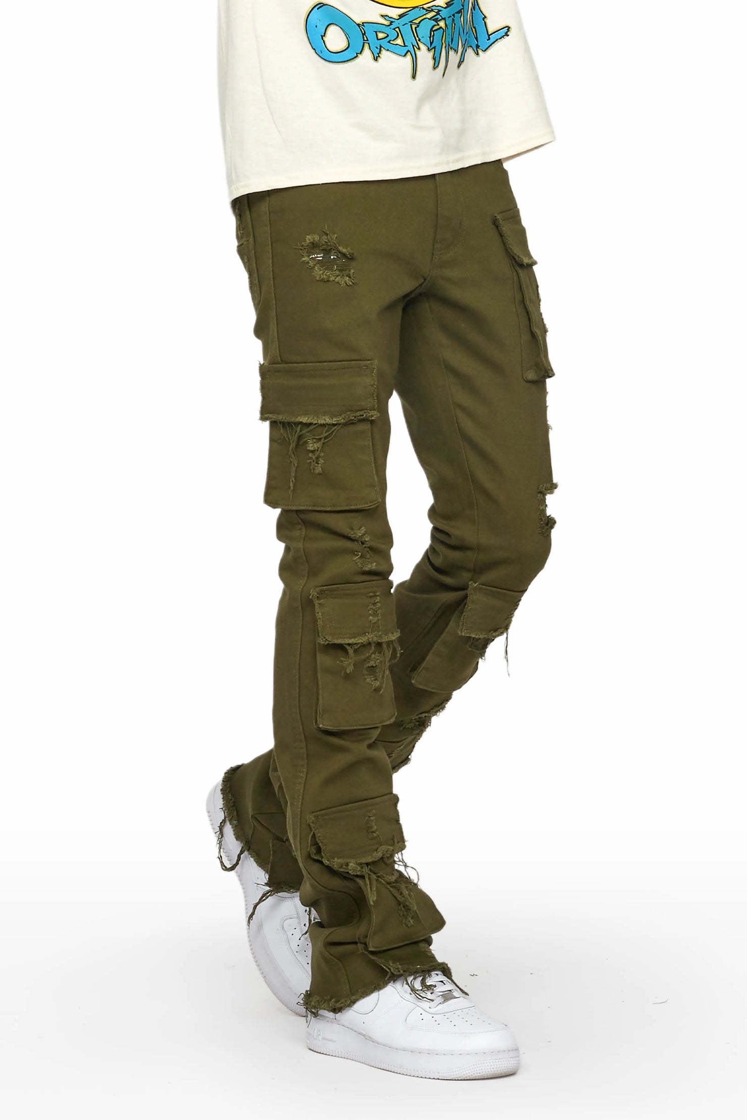 Zander Green Stacked Flare Cargo Jean