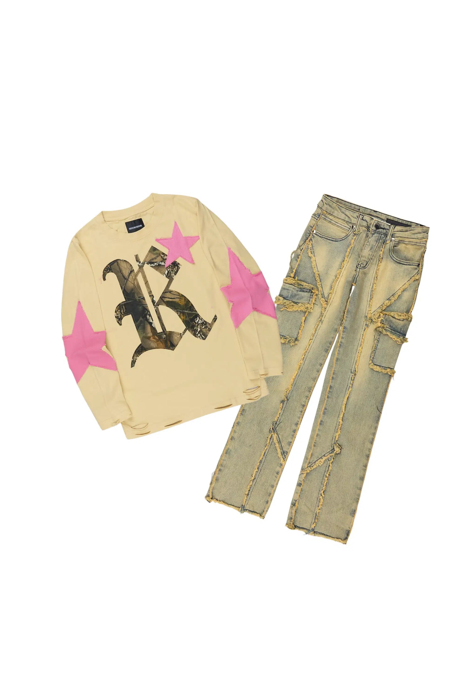 Girls Delgera Beige/Dirty Blue Long Sleeve T-Shirt Stacked Jean Set