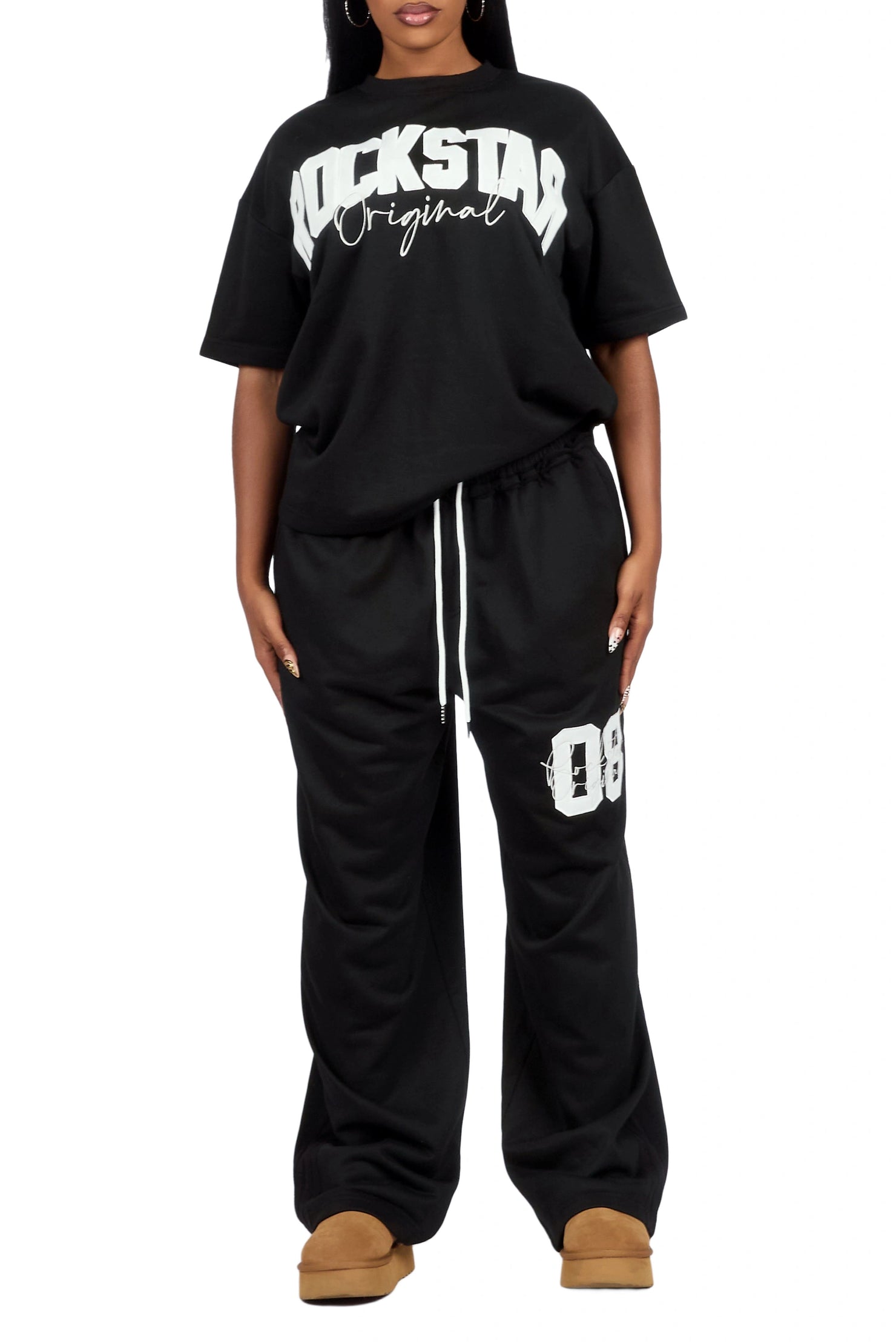 Cheyane Black French Terry Chenille Tee/ French Terry Relaxed Track Set